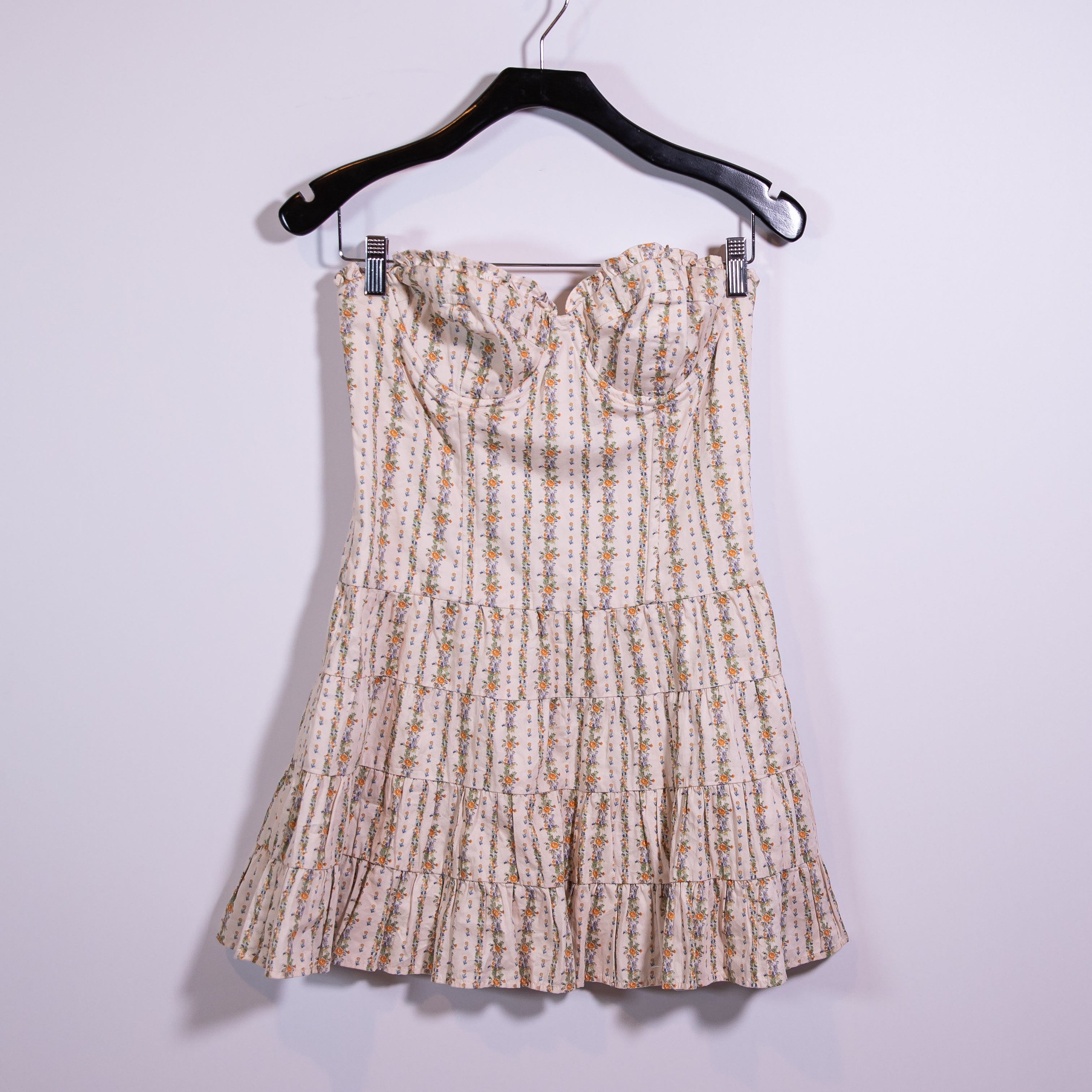 LoveShackFancy Shosha Strapless Tiered Micro Floral Flower Print Mini Dress 4