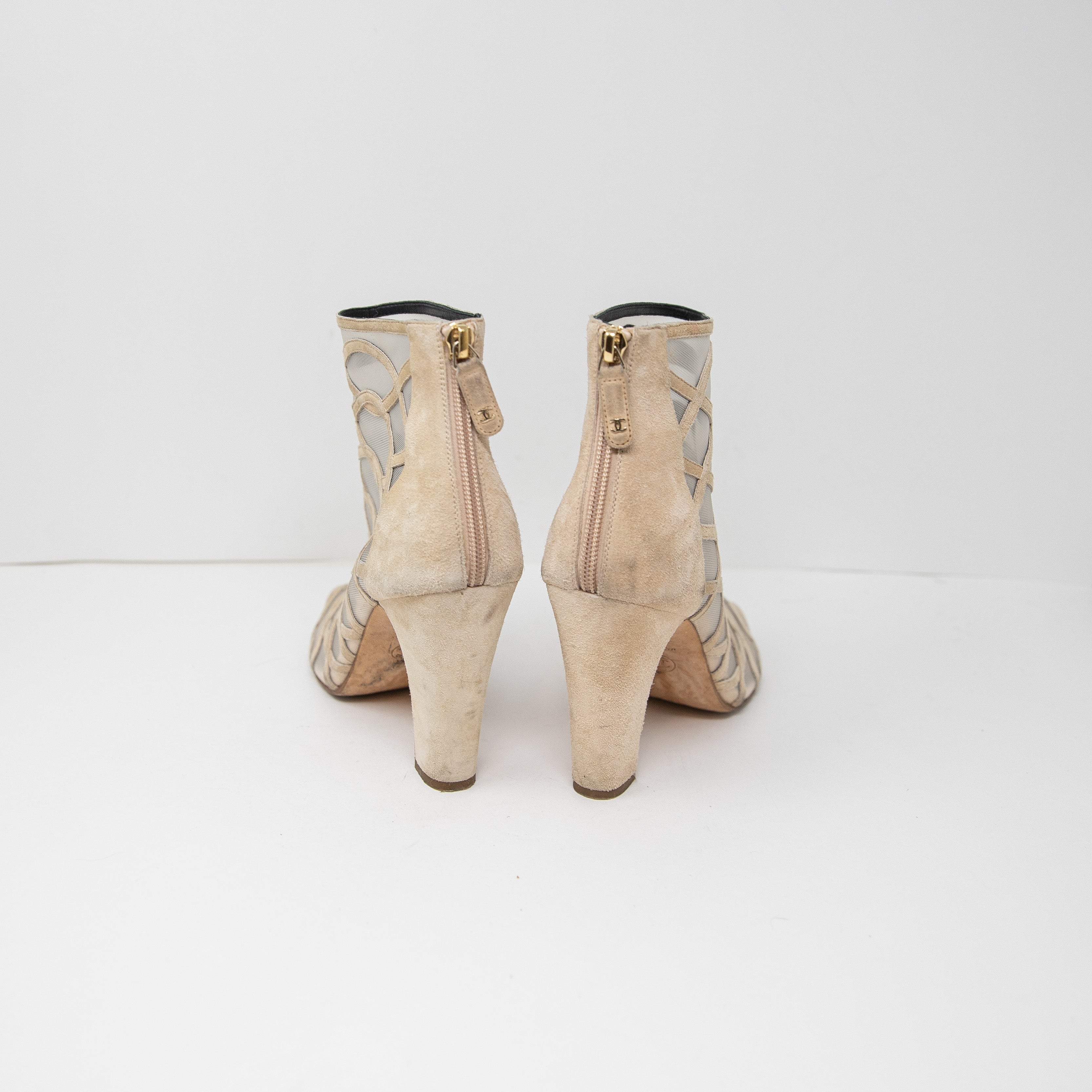 Chanel Genuine Suede Leather Mesh Sheer Cage Woven Peep Toe Ankle Booties Shoes