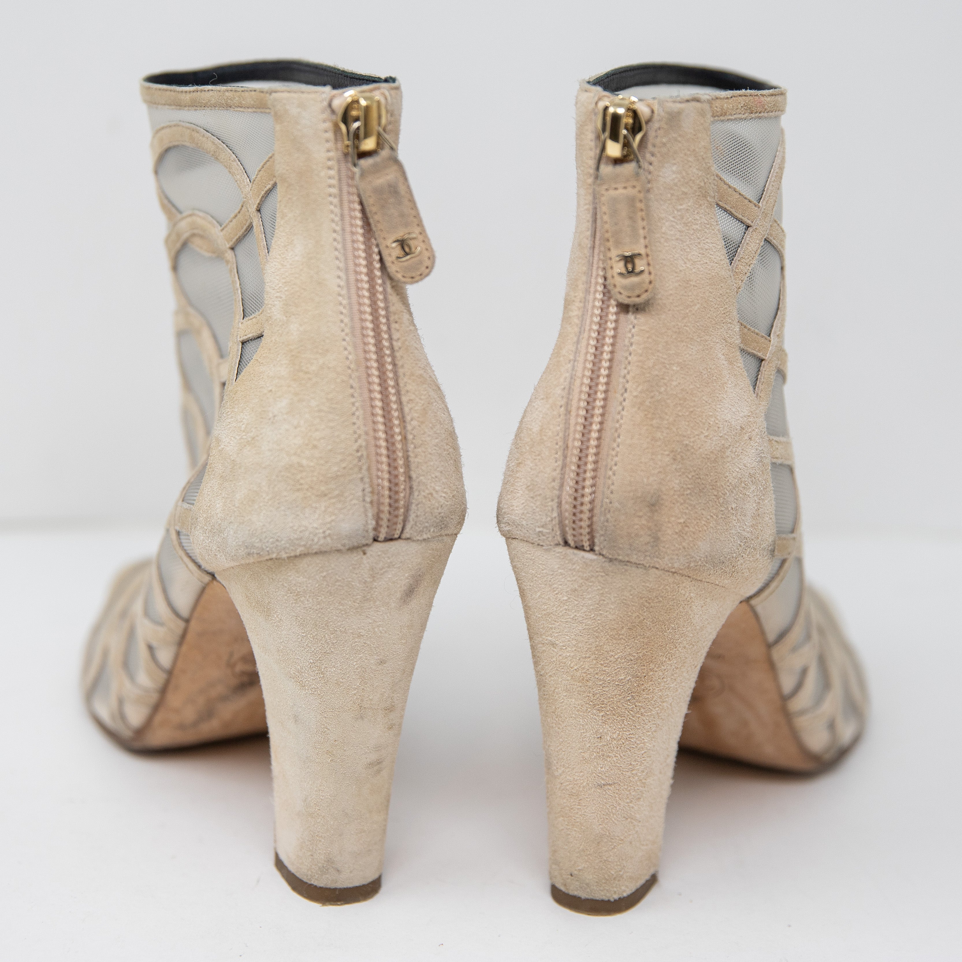Chanel Genuine Suede Leather Mesh Sheer Cage Woven Peep Toe Ankle Booties Shoes