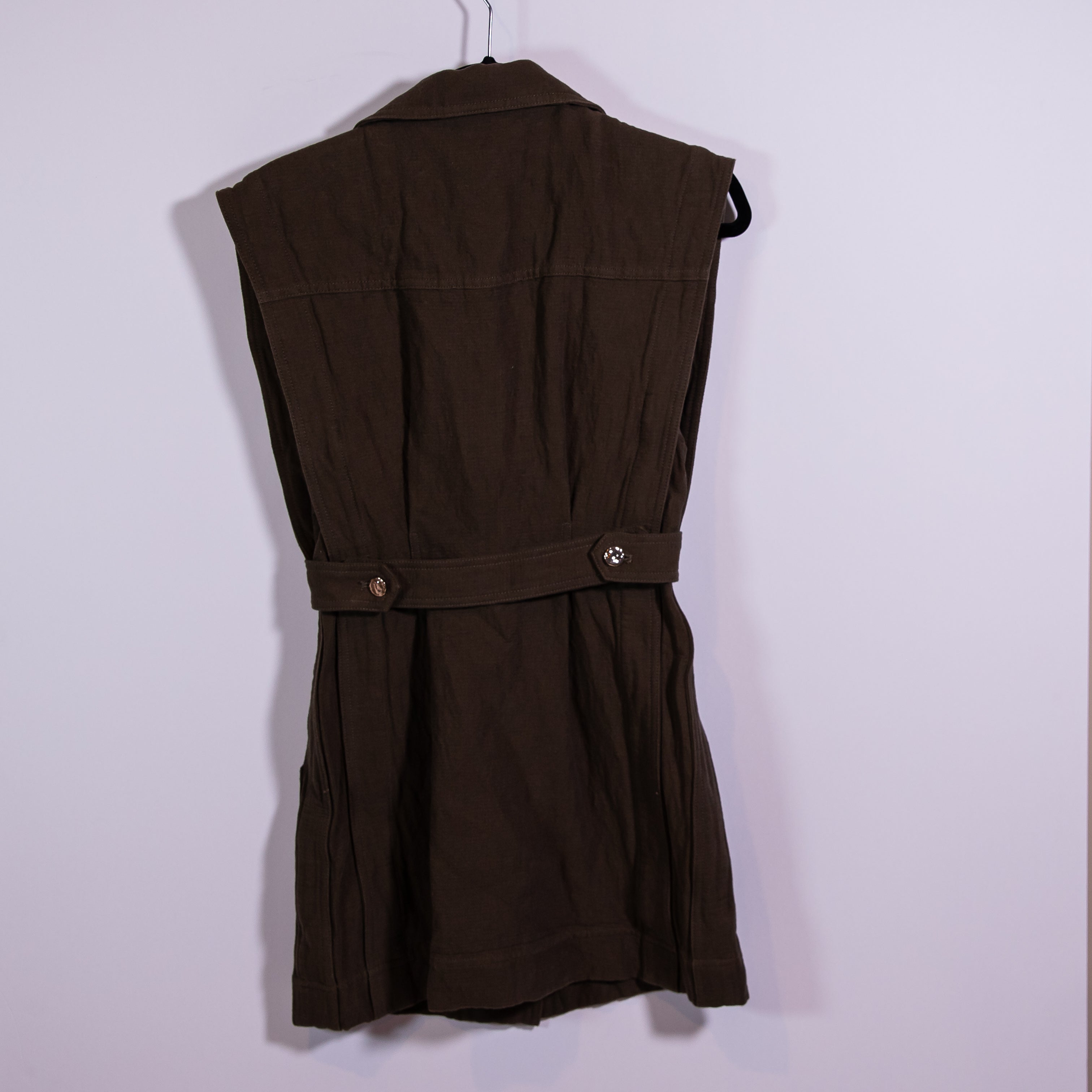 Acler Walter Cotton Linen Button Front Collared Sleeveless Mini Dress Brown 2