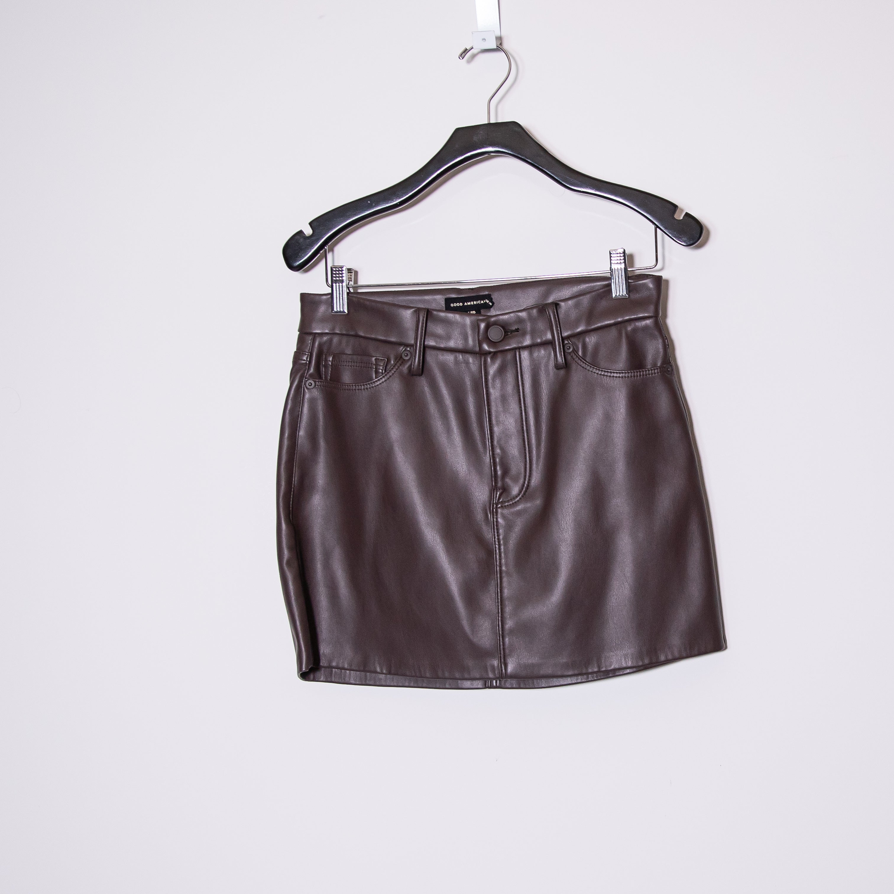 Good American Faux Vegan Leather Mini Postage Stamp Skirt Chocolate Brown 0