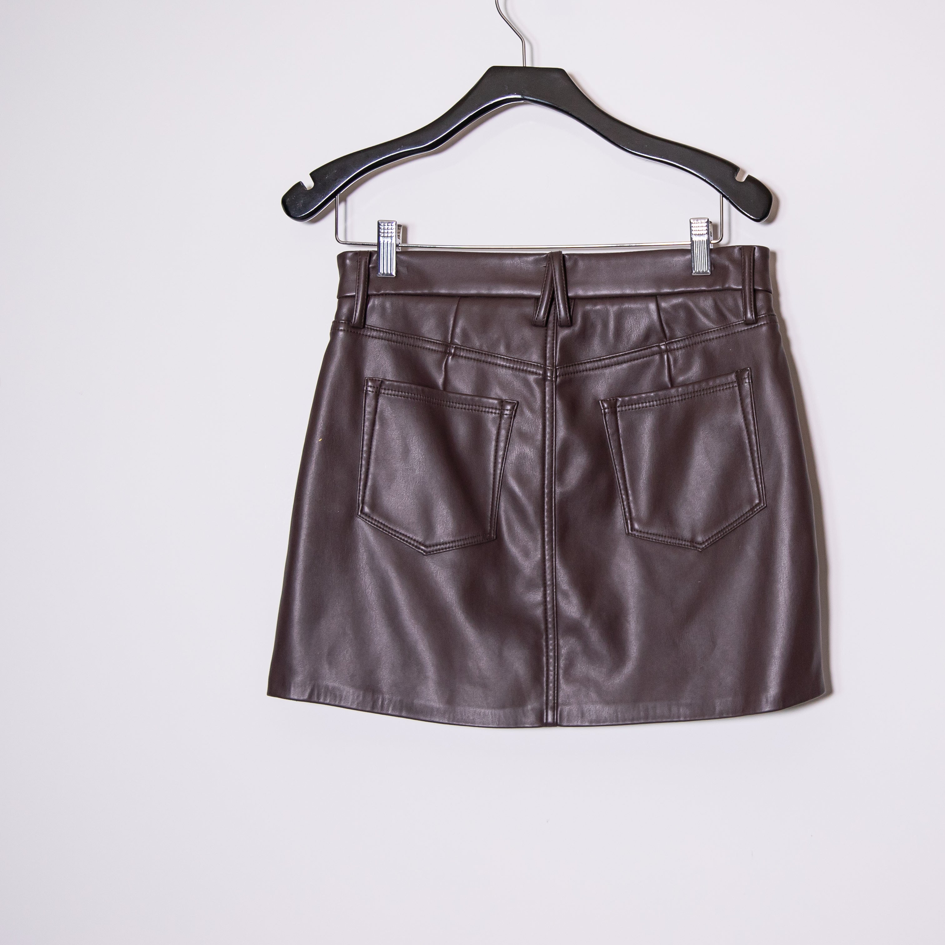 Good American Faux Vegan Leather Mini Postage Stamp Skirt Chocolate Brown 0