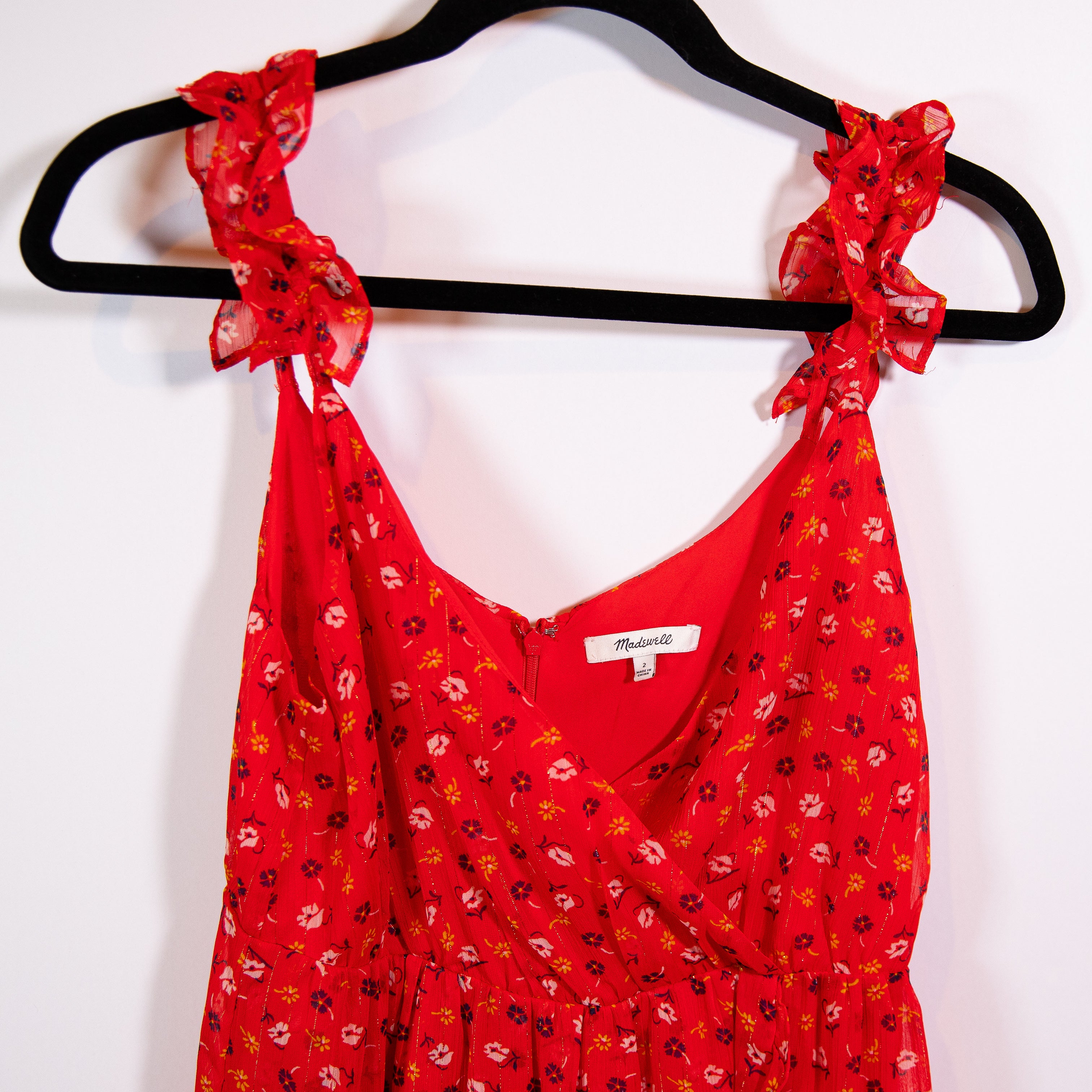 Madewell Ruffle Strap Wrap Maxi Dress In Metallic Striped Red Prairie Posies 2