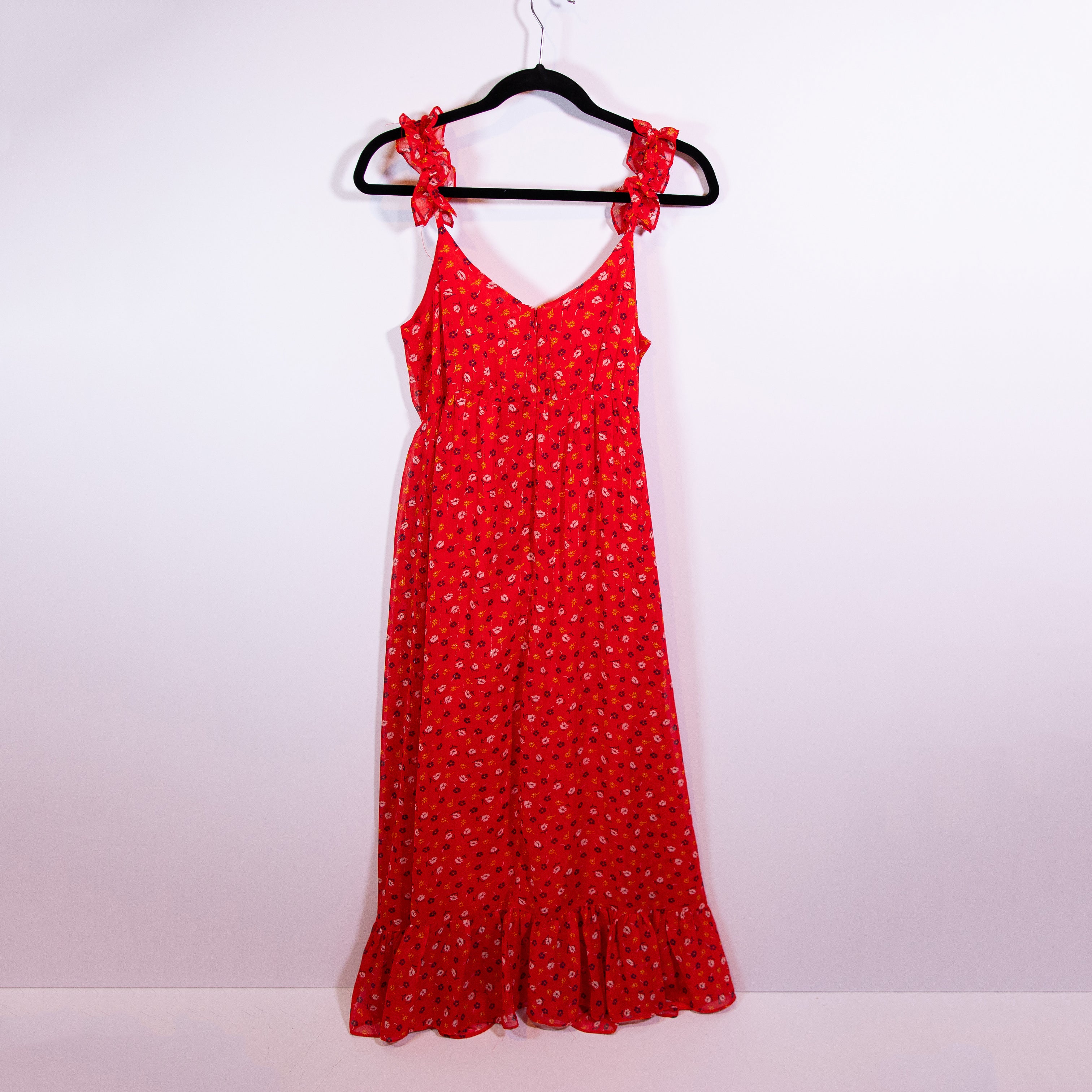 Madewell Ruffle Strap Wrap Maxi Dress In Metallic Striped Red Prairie Posies 2