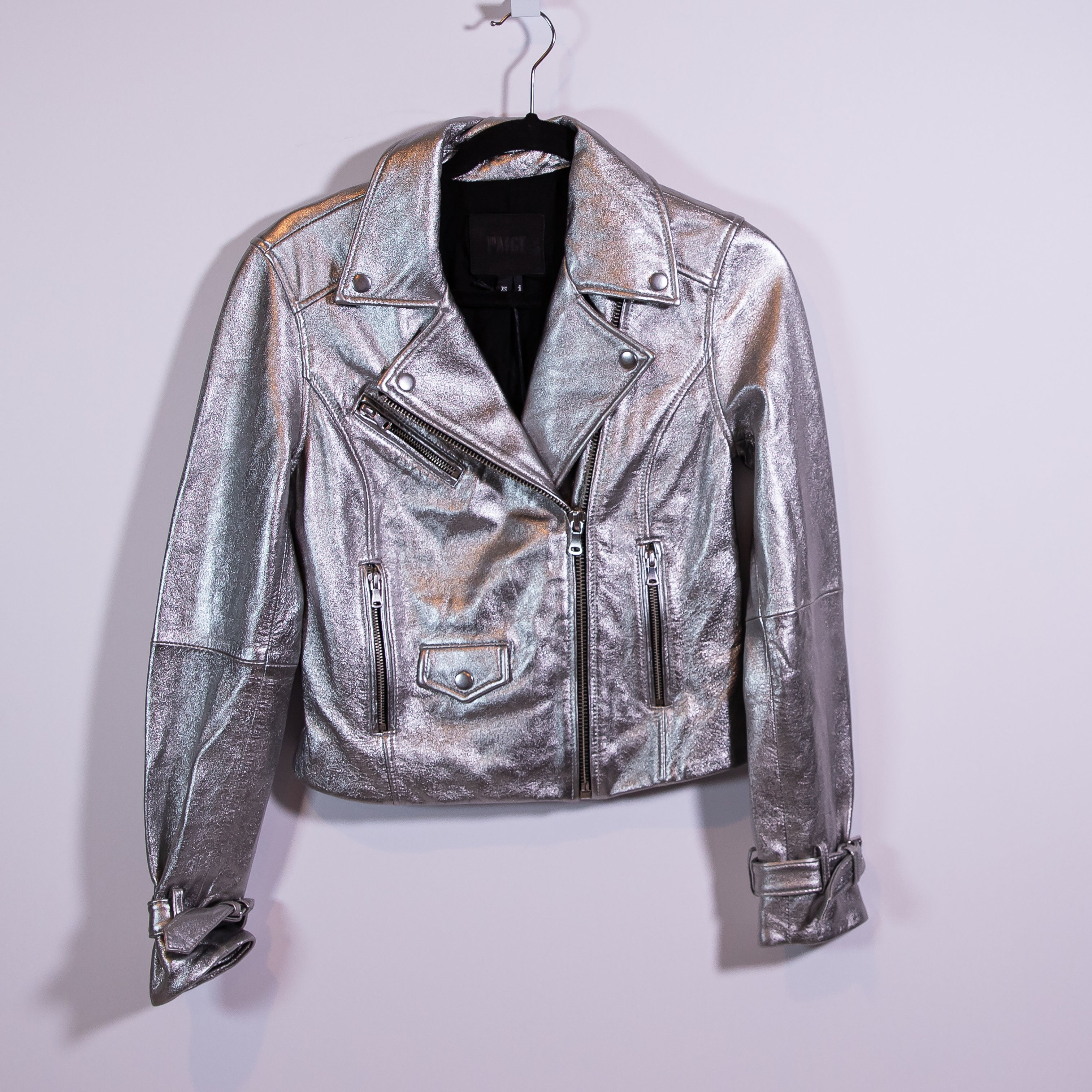 NEW Paige Ashby Metallic Genuine Leather Full Zip Motorcycle Jacket Silver XS