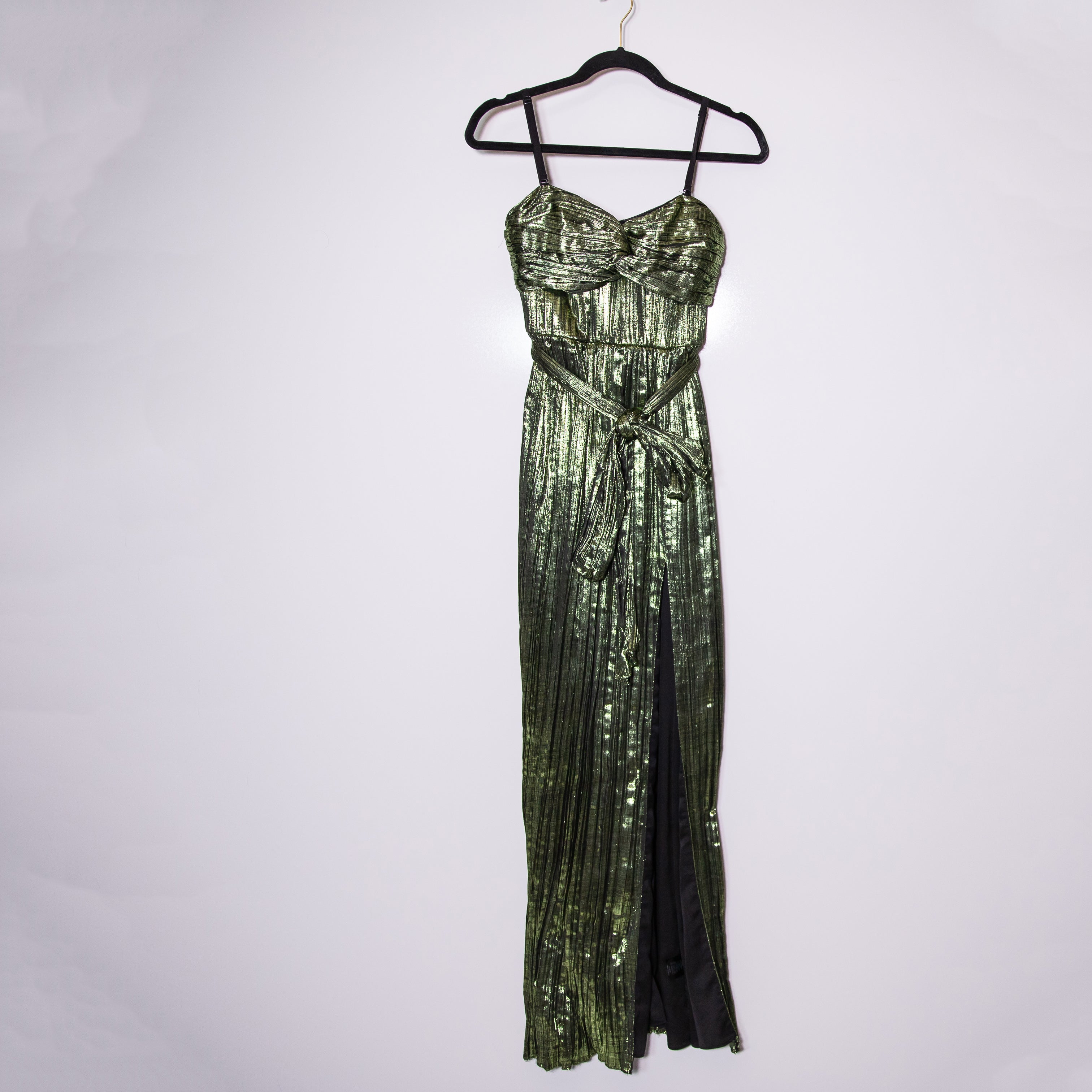 Jonathan Simkhai Metallic Plisse Pleated Strapless Maxi Dress Gown Green 0