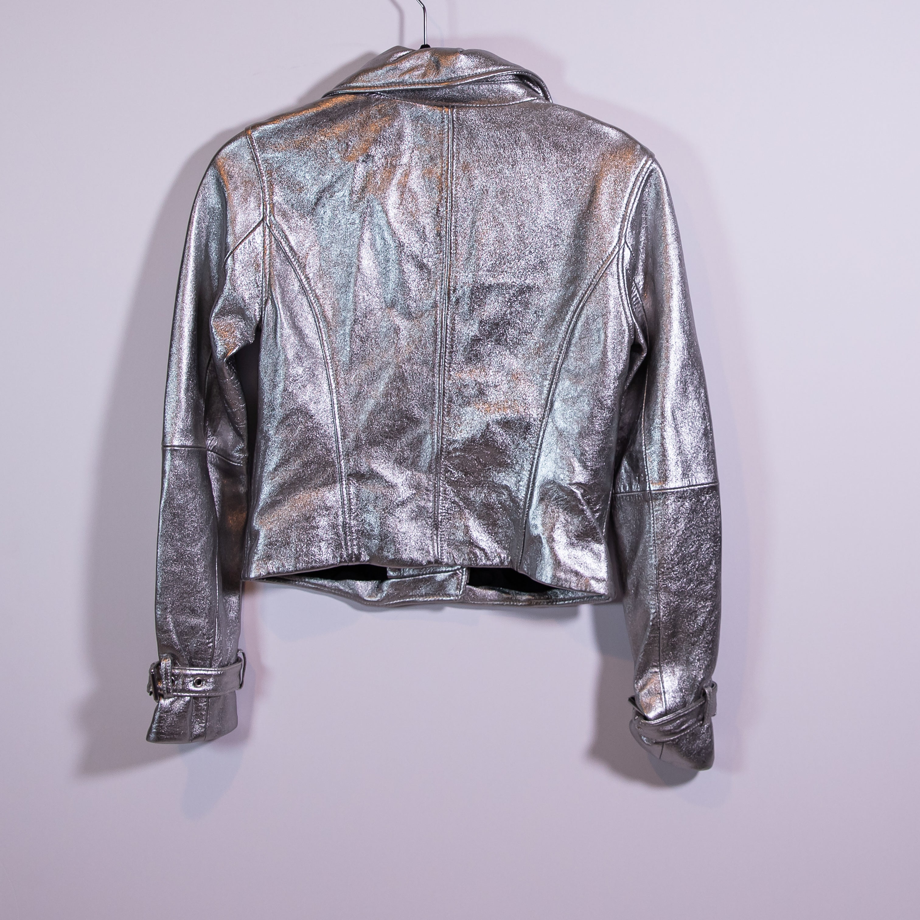 NEW Paige Ashby Metallic Genuine Leather Full Zip Motorcycle Jacket Silver XS