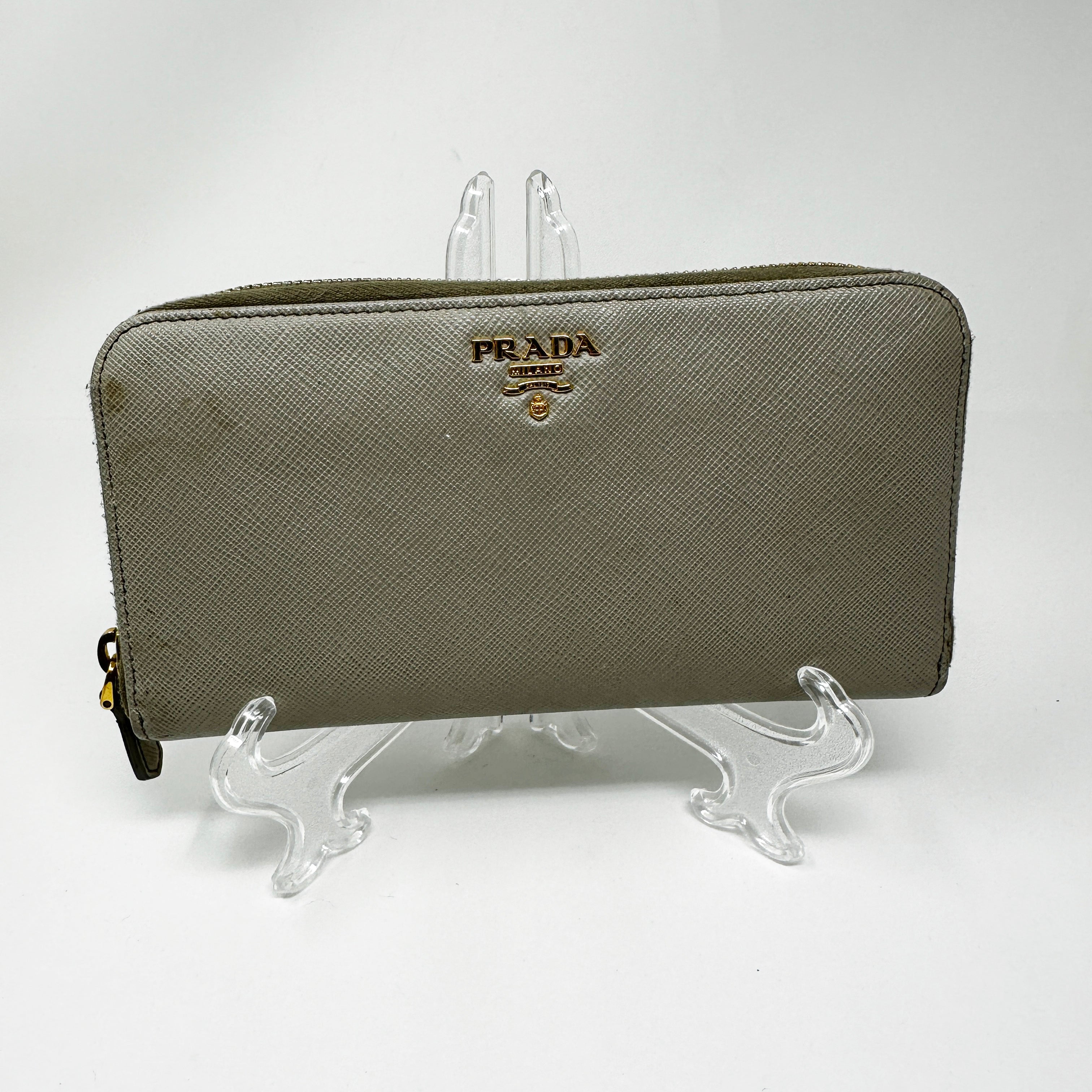 Prada Saffiano Leather Zip Around Continental Travel Card Wallet Case Gray Gold