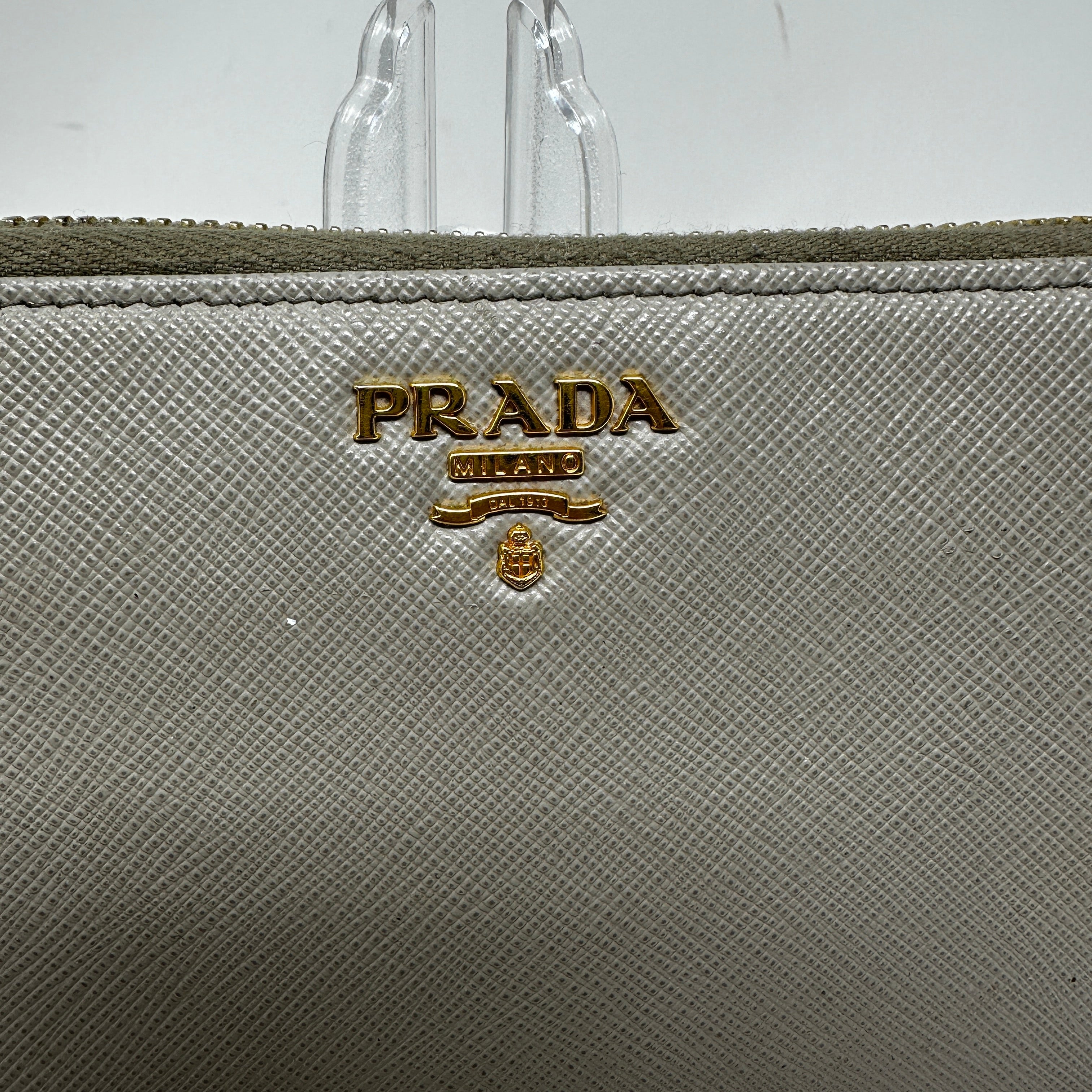 Prada Saffiano Leather Zip Around Continental Travel Card Wallet Case Gray Gold
