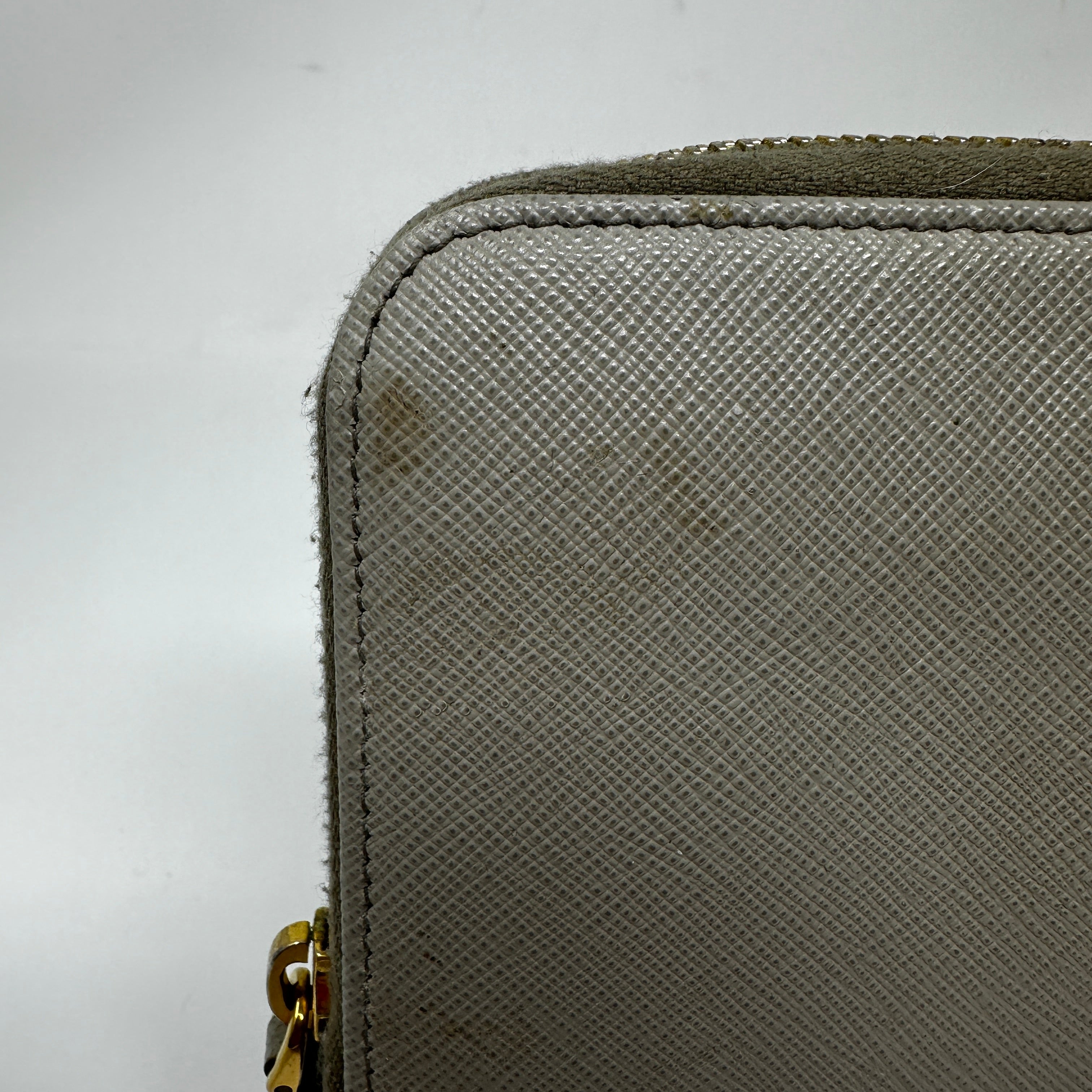 Prada Saffiano Leather Zip Around Continental Travel Card Wallet Case Gray Gold