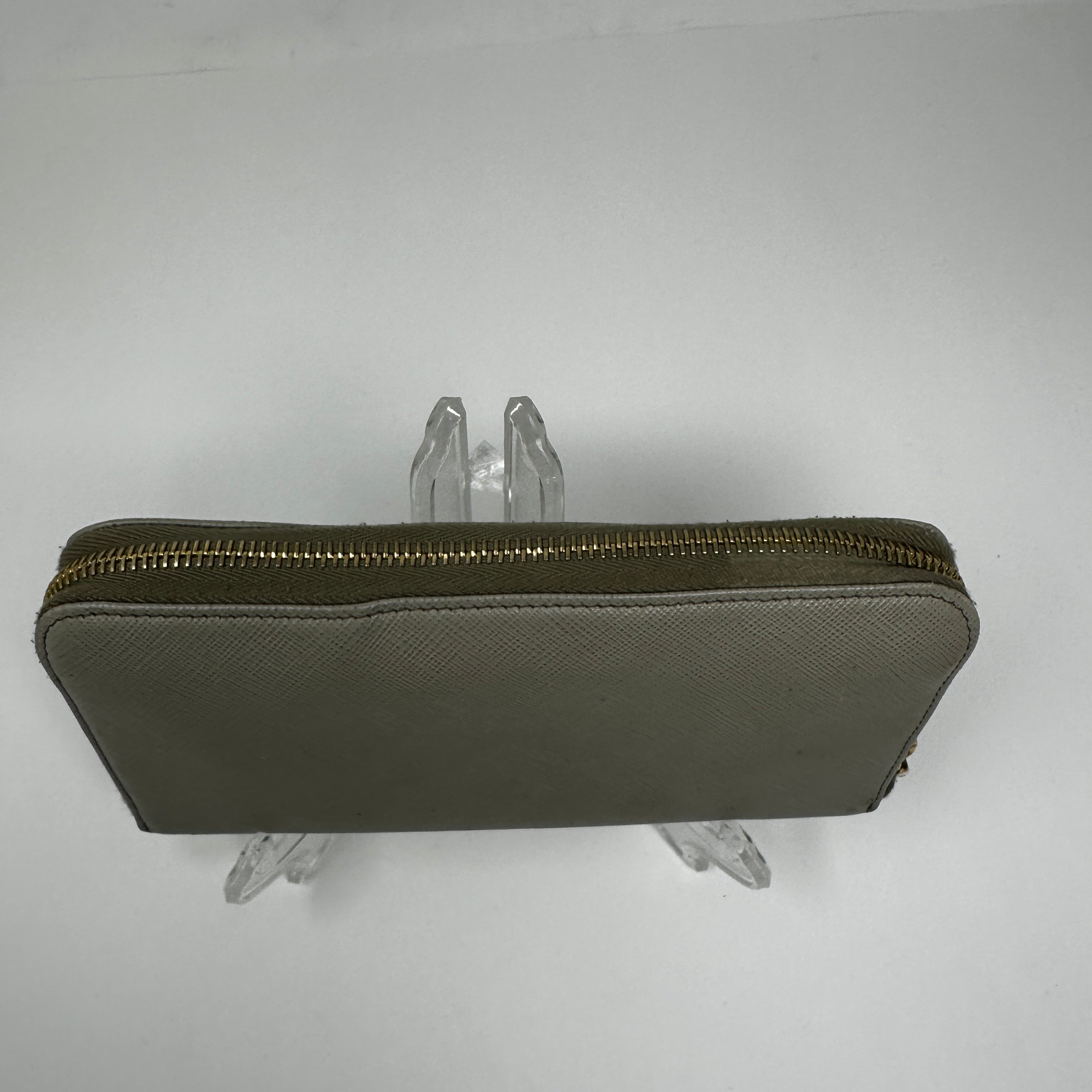 Prada Saffiano Leather Zip Around Continental Travel Card Wallet Case Gray Gold