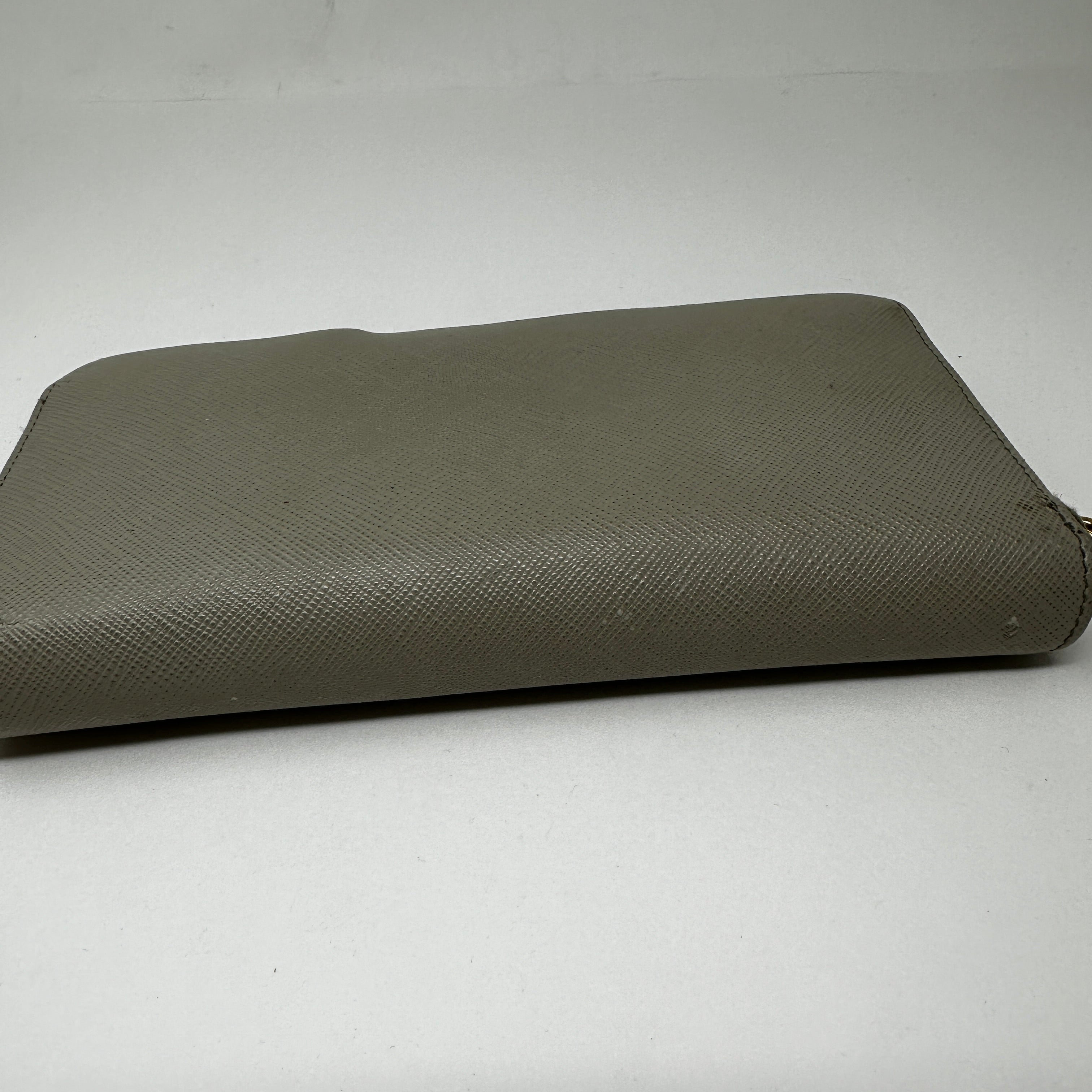 Prada Saffiano Leather Zip Around Continental Travel Card Wallet Case Gray Gold