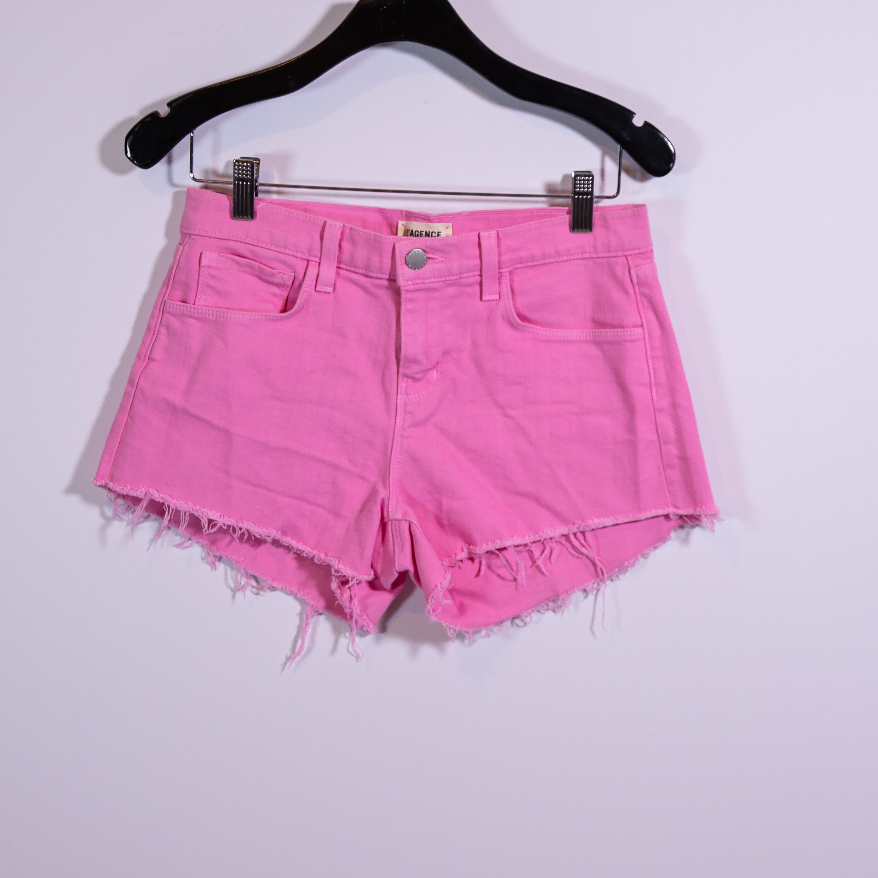 L'Agence Women's Audrey Cotton Stretch Mid Waist Cut Off Denim Shorts Rose Bloom