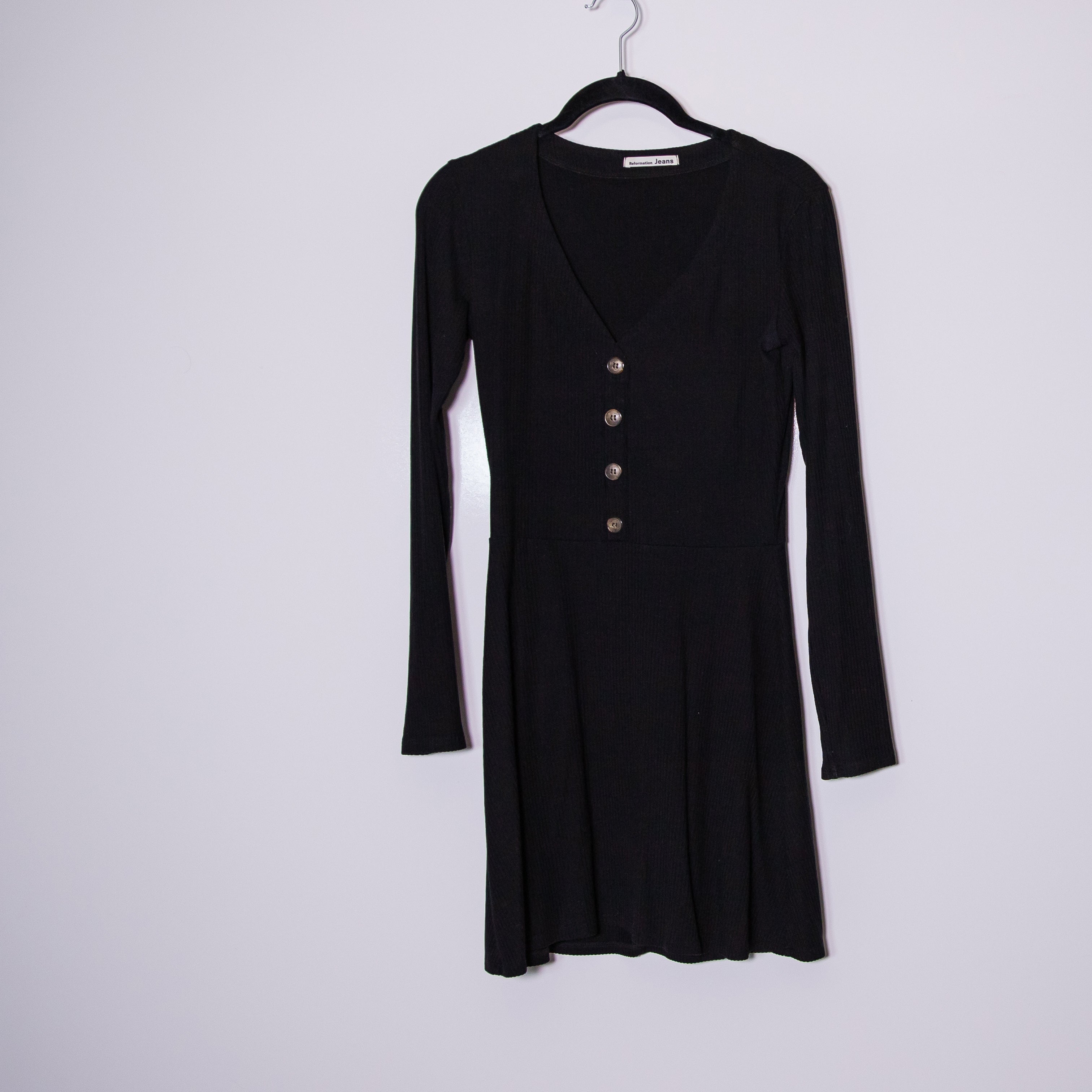 Reformation Tam Ribbed Knit Stretch Henley V Neck Long Sleeve Mini Dress Black M