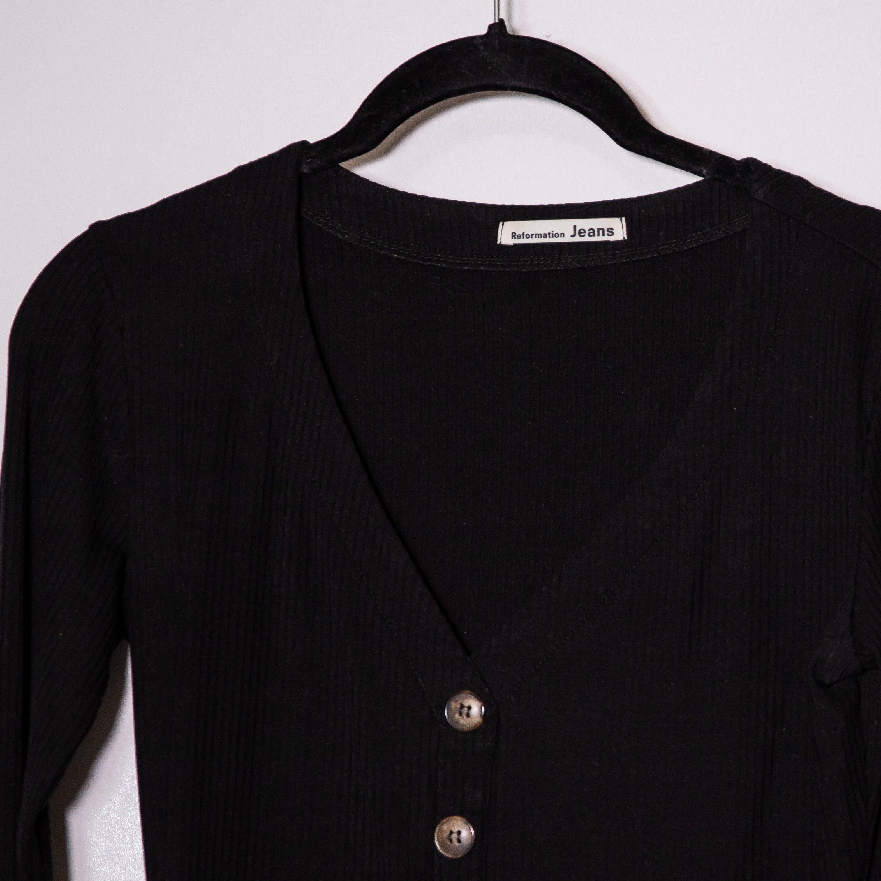 Reformation Tam Ribbed Knit Stretch Henley V Neck Long Sleeve Mini Dress Black M