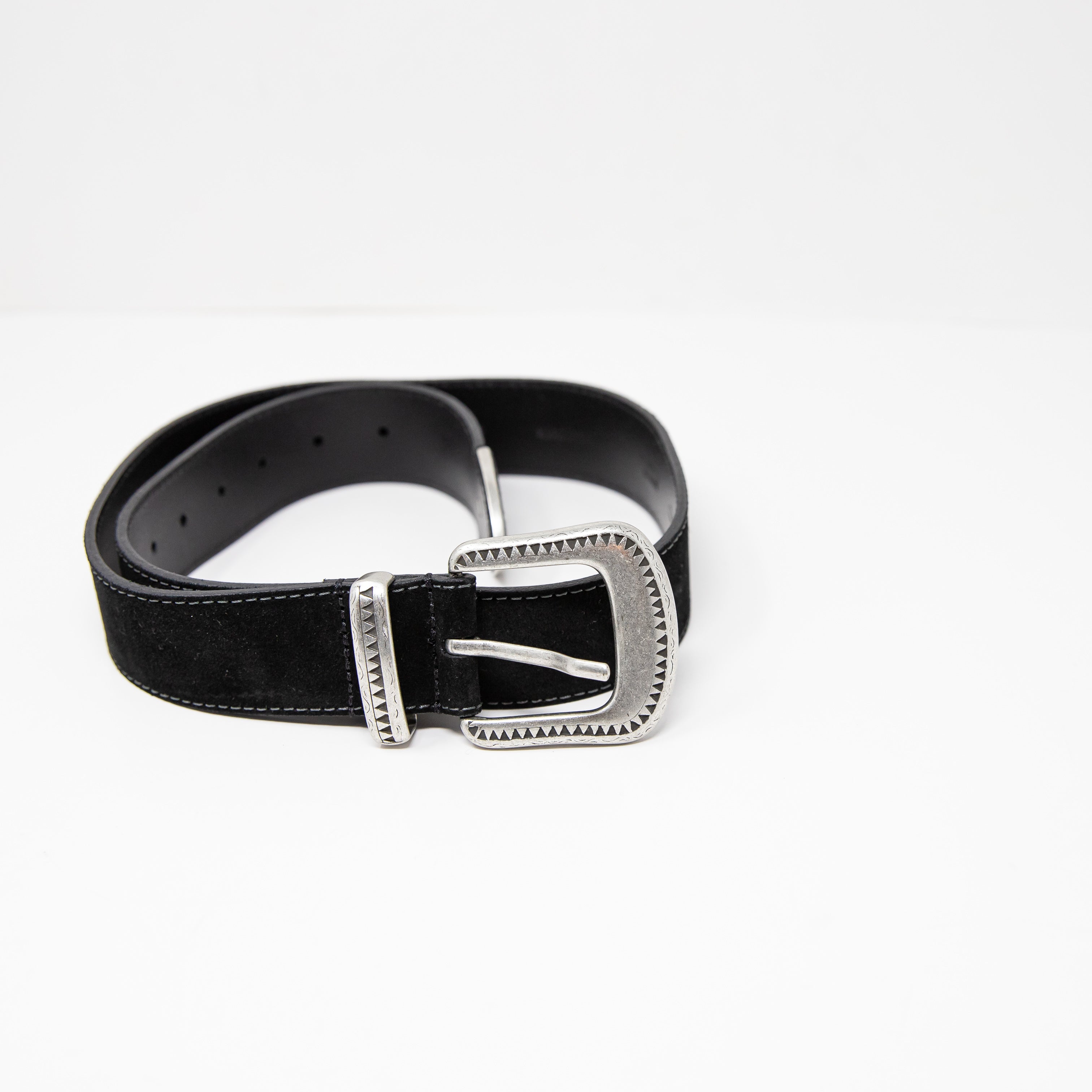 Overland Dillon Genuine Suede Leather Belt Black Silver Hardware Small