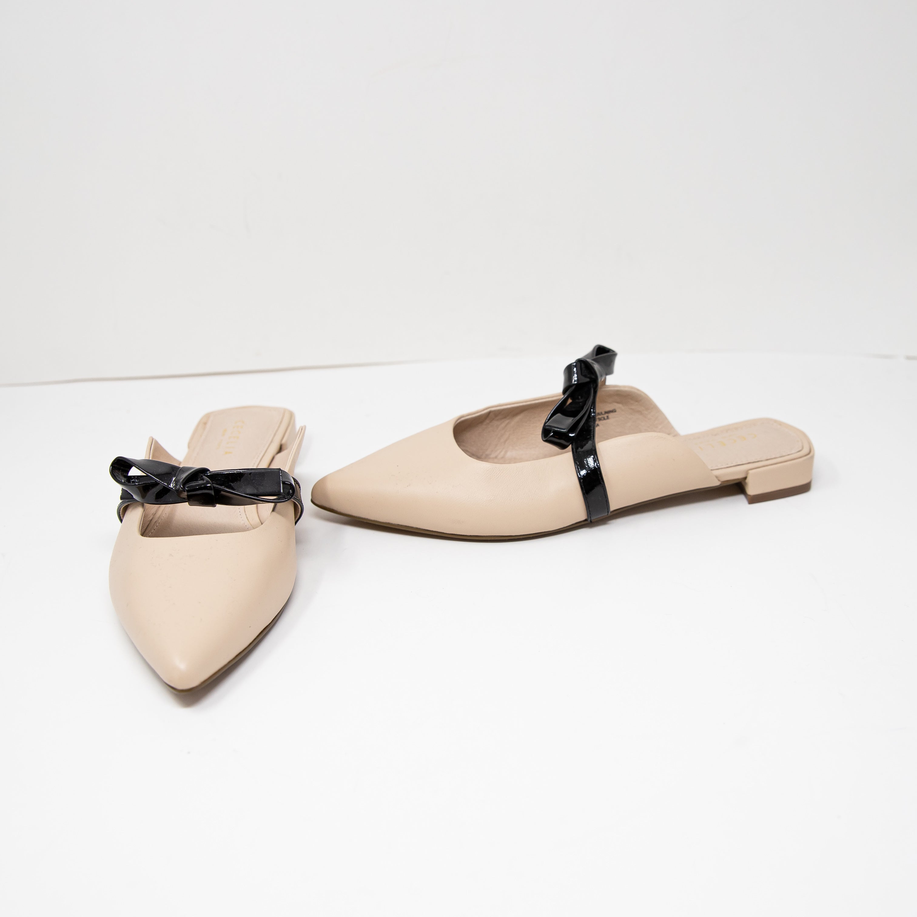 Cecelia New York Bethel Flat Mule Leather Bow Slip On Pointed Toe Sandals Shoes