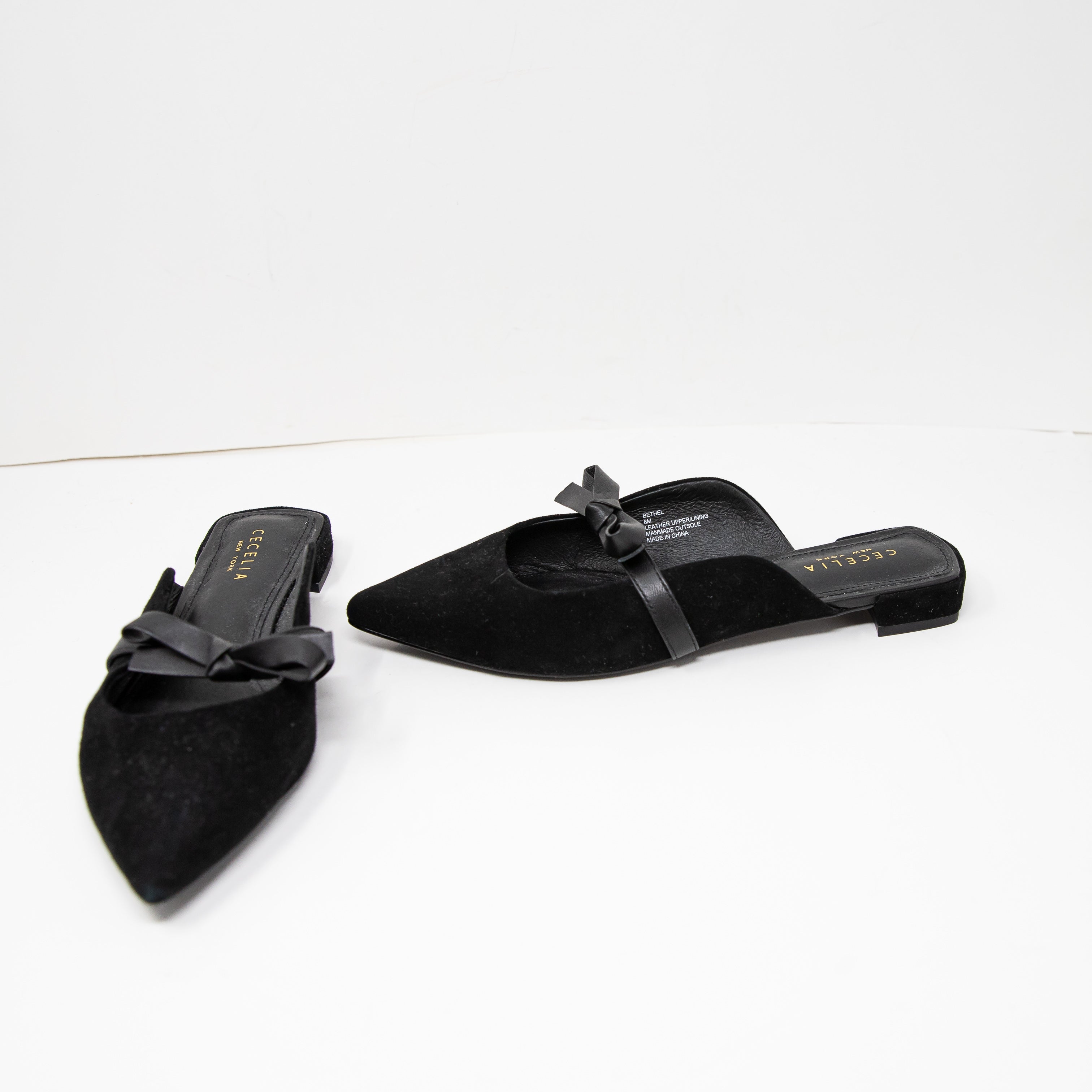 Cecelia New York Bethel Flat Mule Suede Bow Slip On Pointed Toe Sandals Shoes
