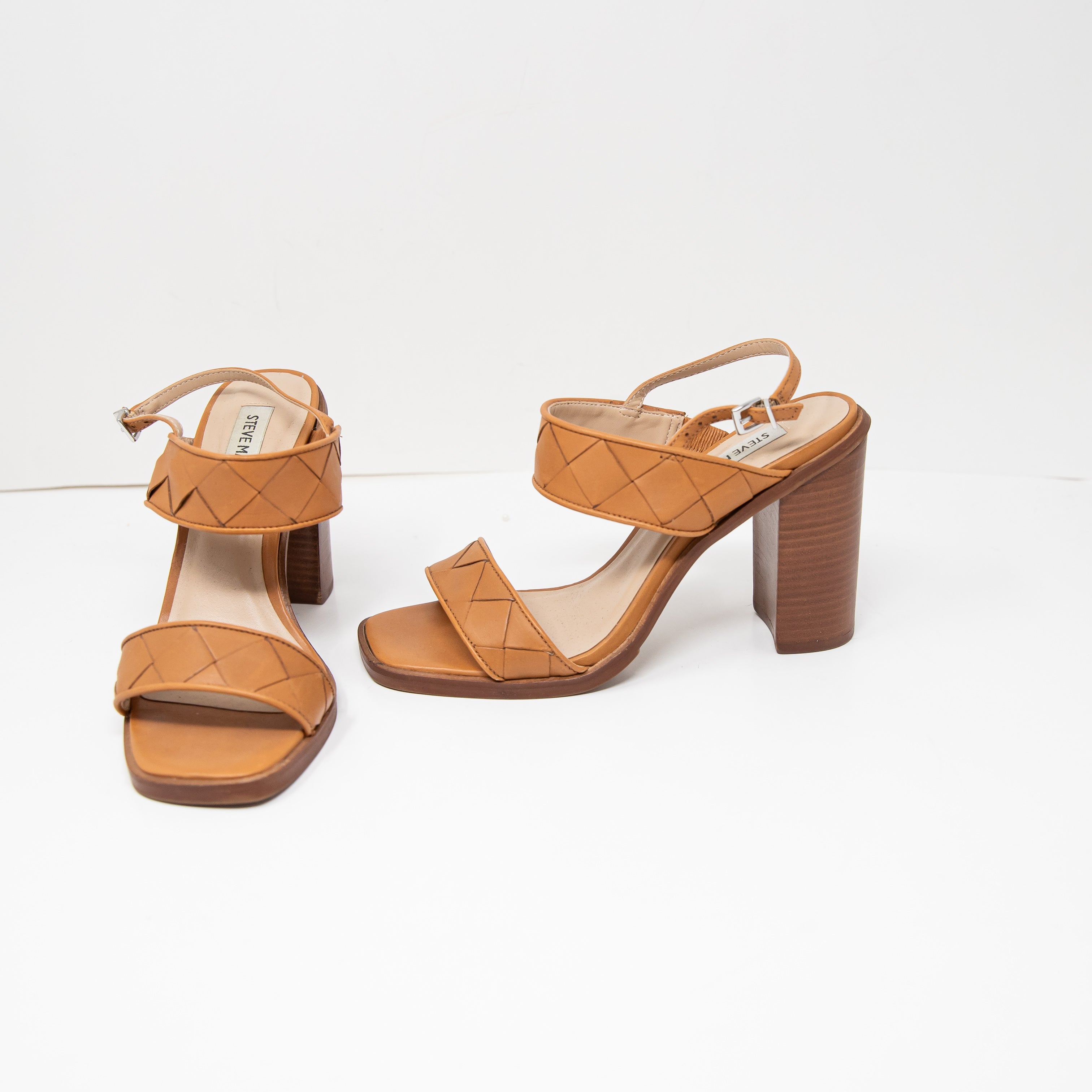 Steve Madden Leather Woven Braided Stacked High Heel Open Toe Sandals Shoes 7.5