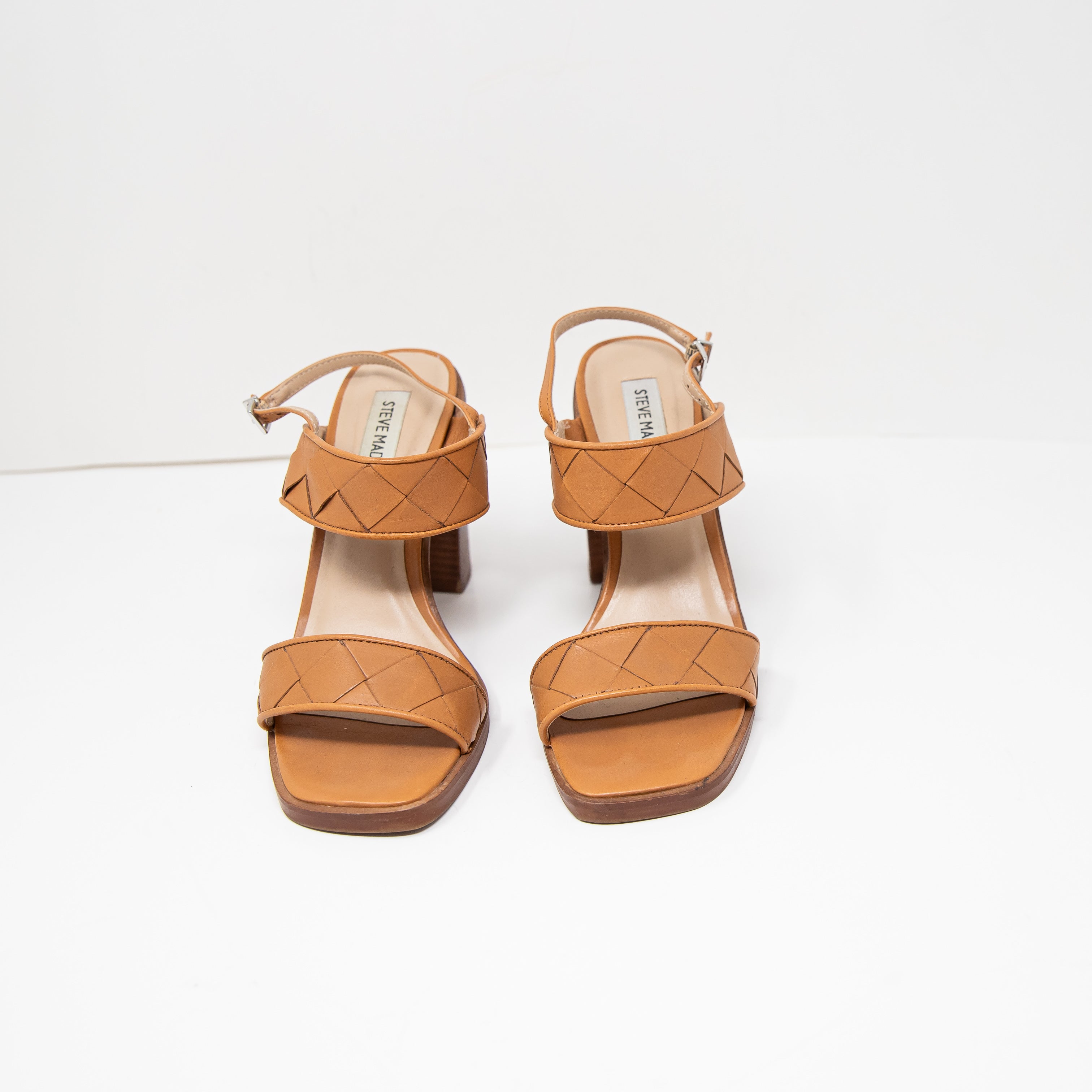 Steve Madden Leather Woven Braided Stacked High Heel Open Toe Sandals Shoes 7.5