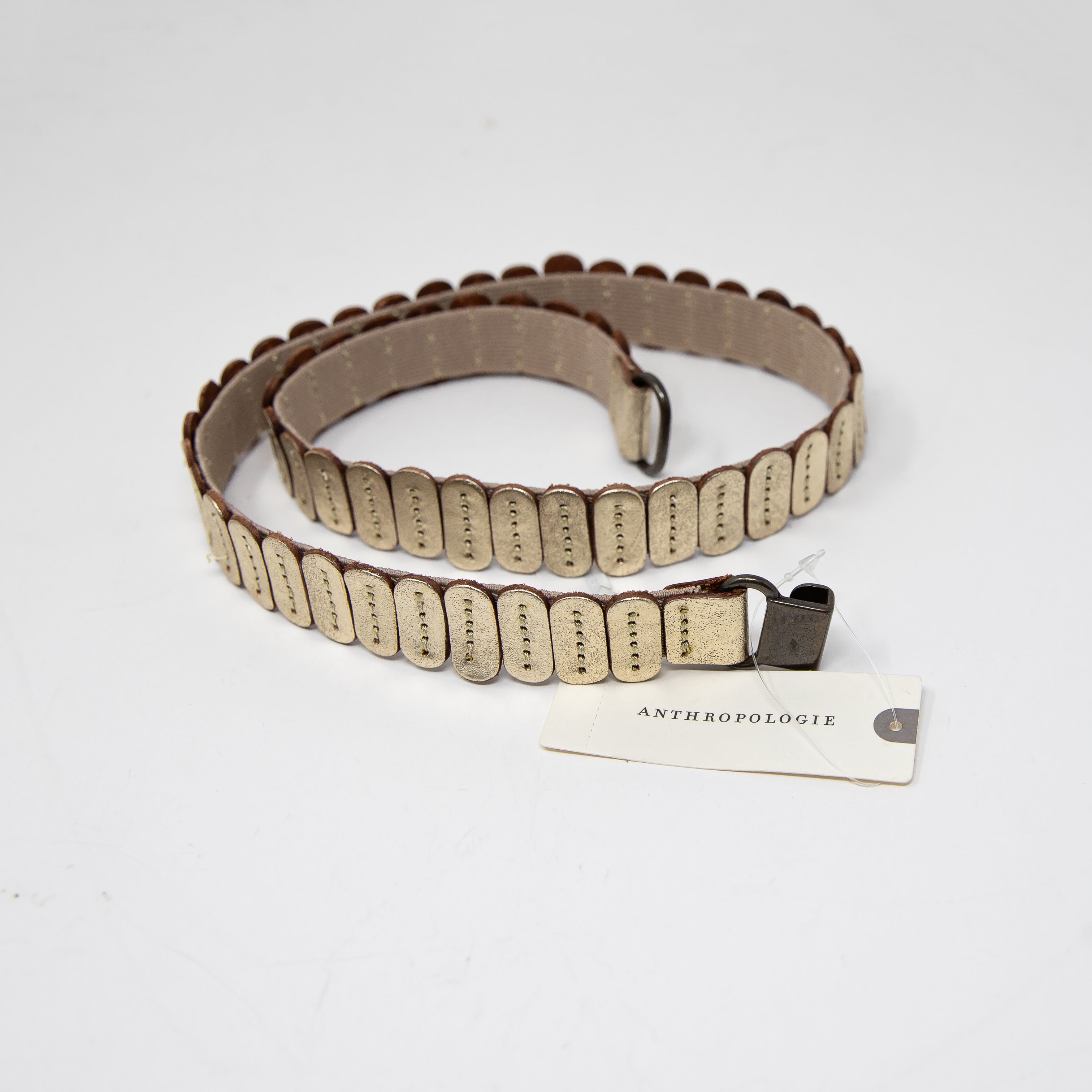 NEW Anthropologie Genuine Suede Leather Stretch Buckle Gold Belt