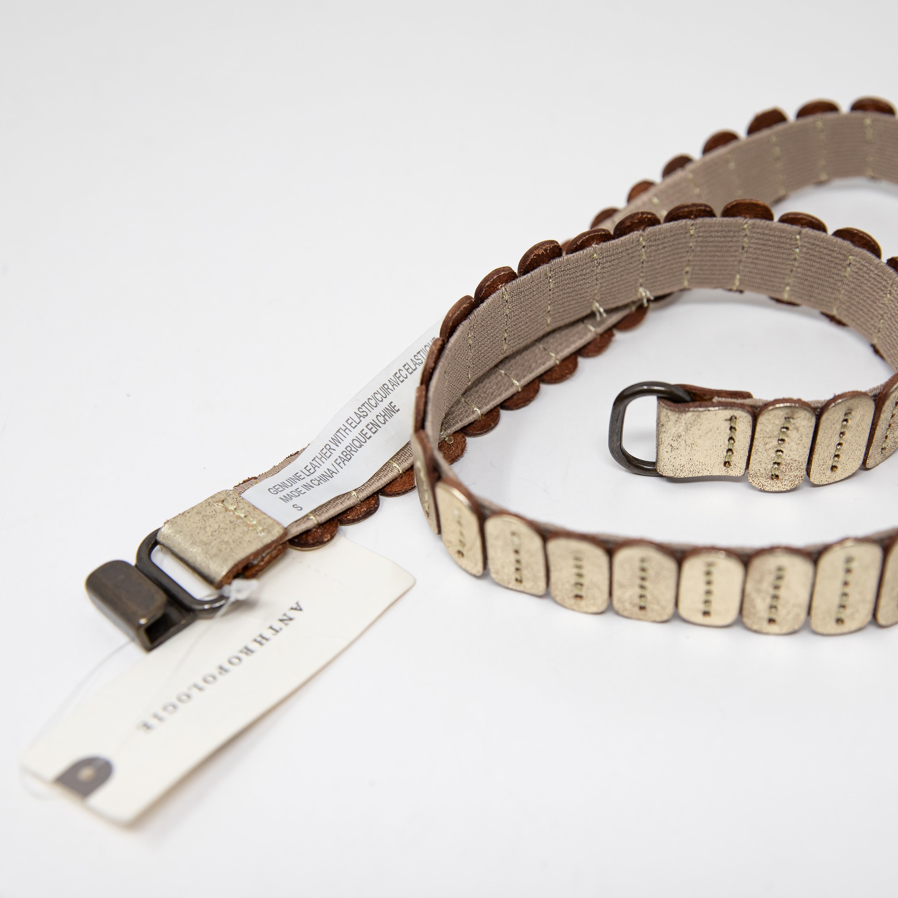 NEW Anthropologie Genuine Suede Leather Stretch Buckle Gold Belt