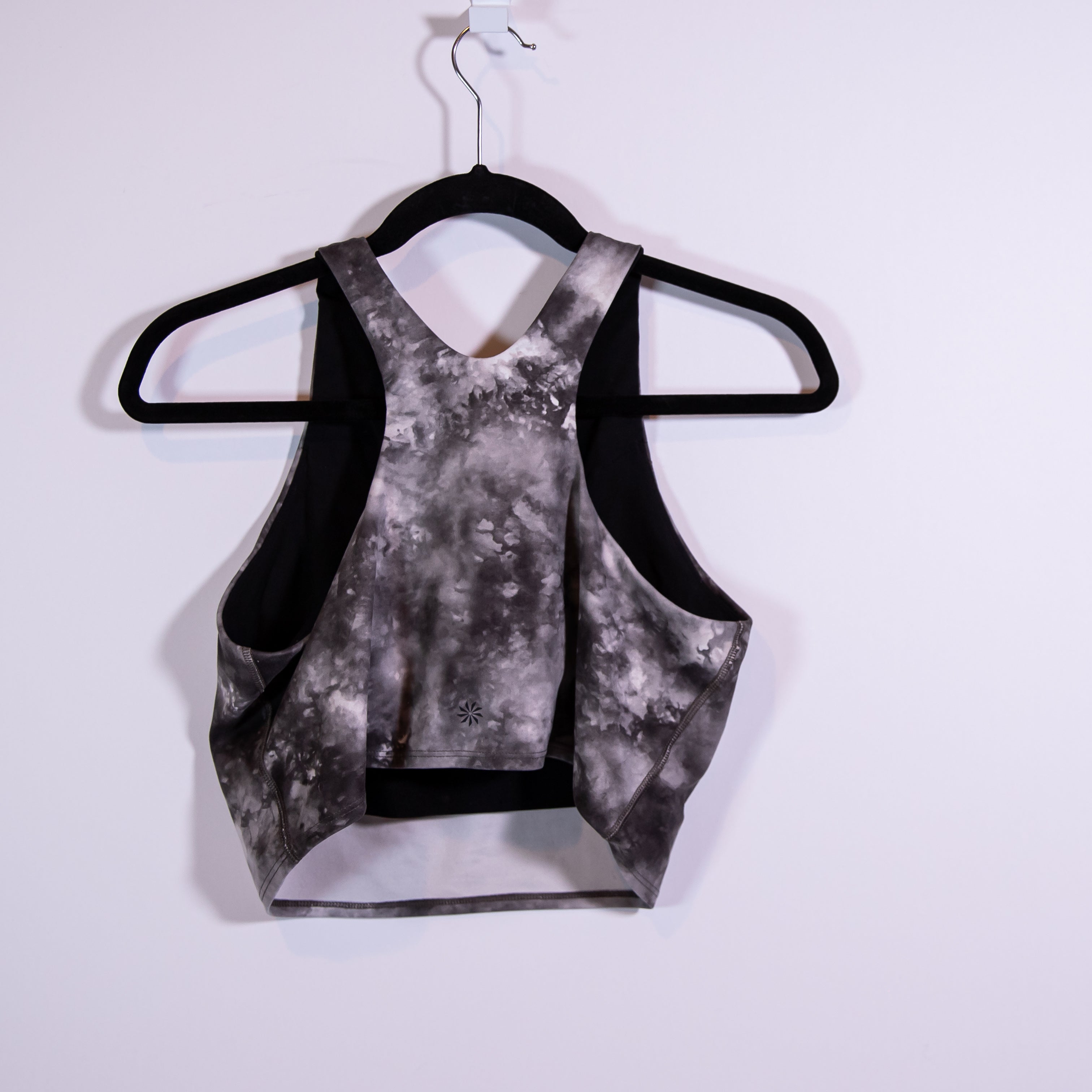 Athleta Conscious Crop Top Racerback Athletic Sports Bra Black Tie Dye Print L