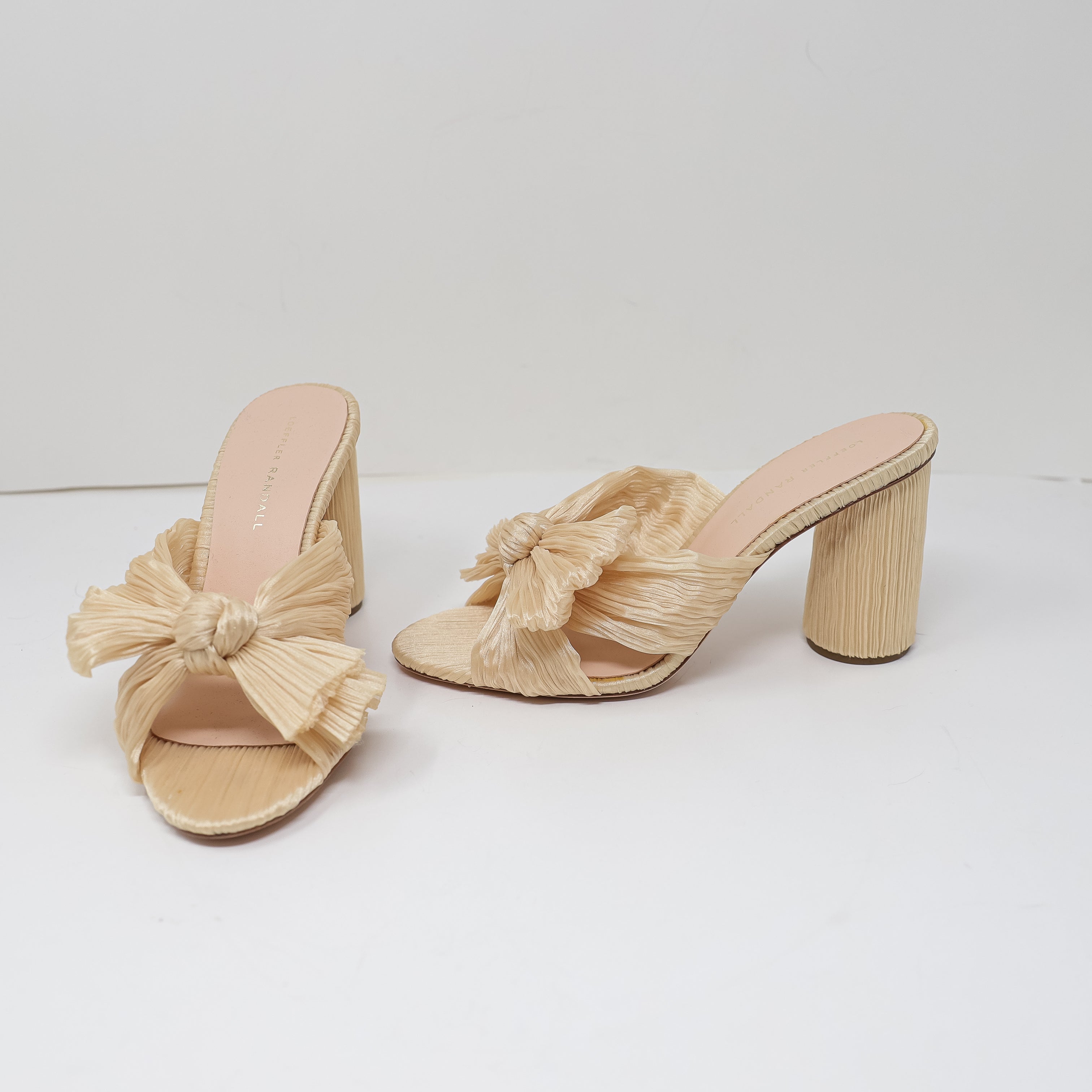 NEW Loeffler Randall Penny Pleated Bow Open Toe Slip On High Heels Shoes Cream 9