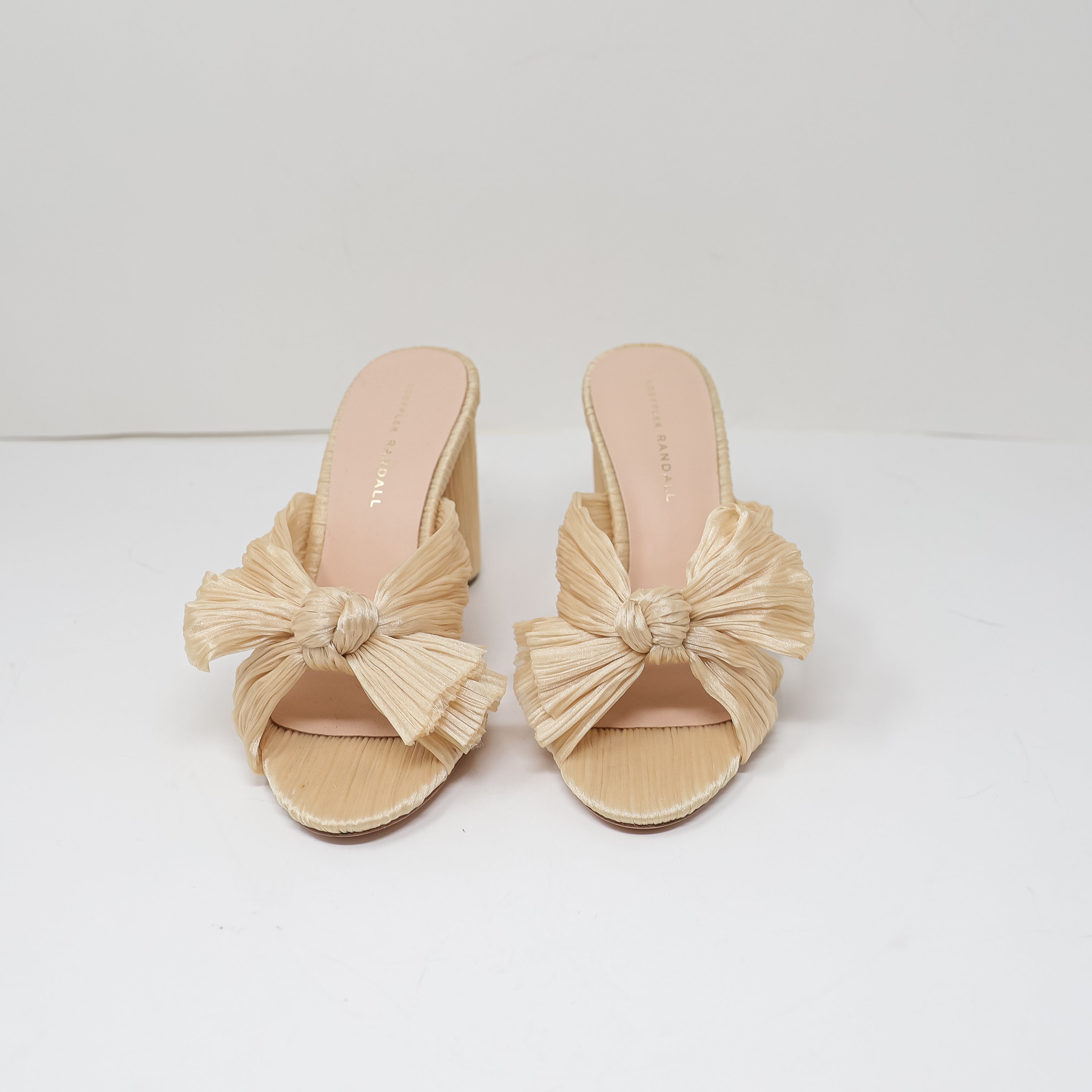 NEW Loeffler Randall Penny Pleated Bow Open Toe Slip On High Heels Shoes Cream 9