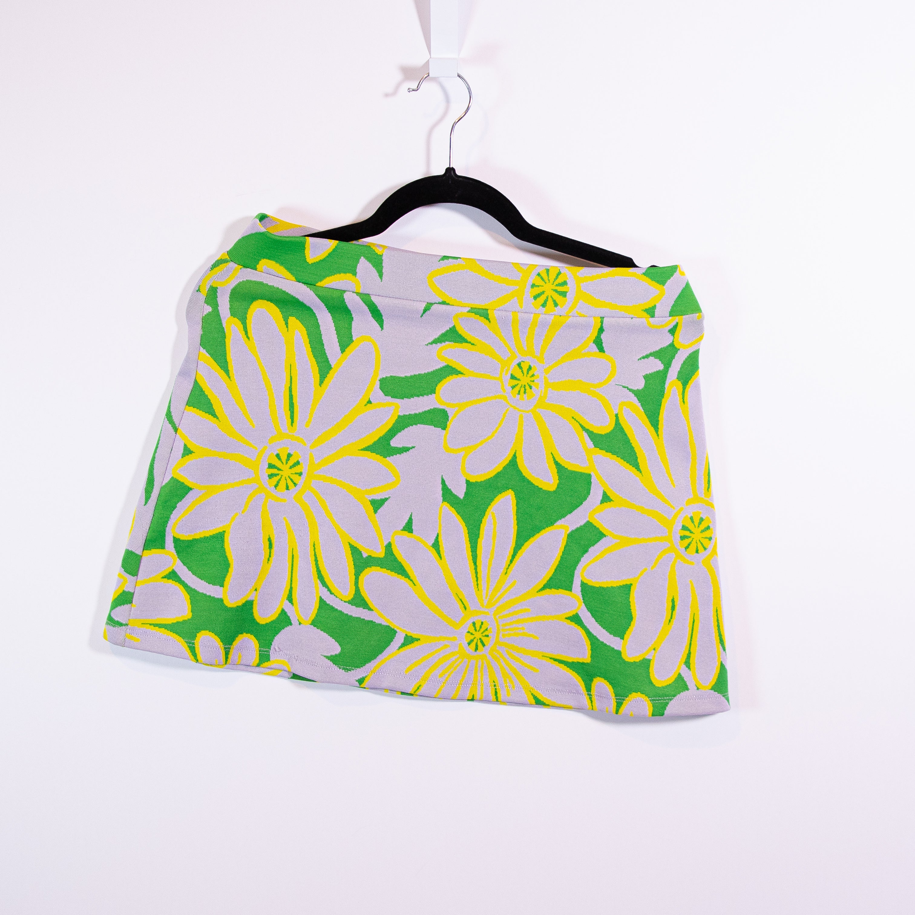 Zara Thick Knit Stretch Green Purple Yellow Floral Flower Print Pattern Skirt M