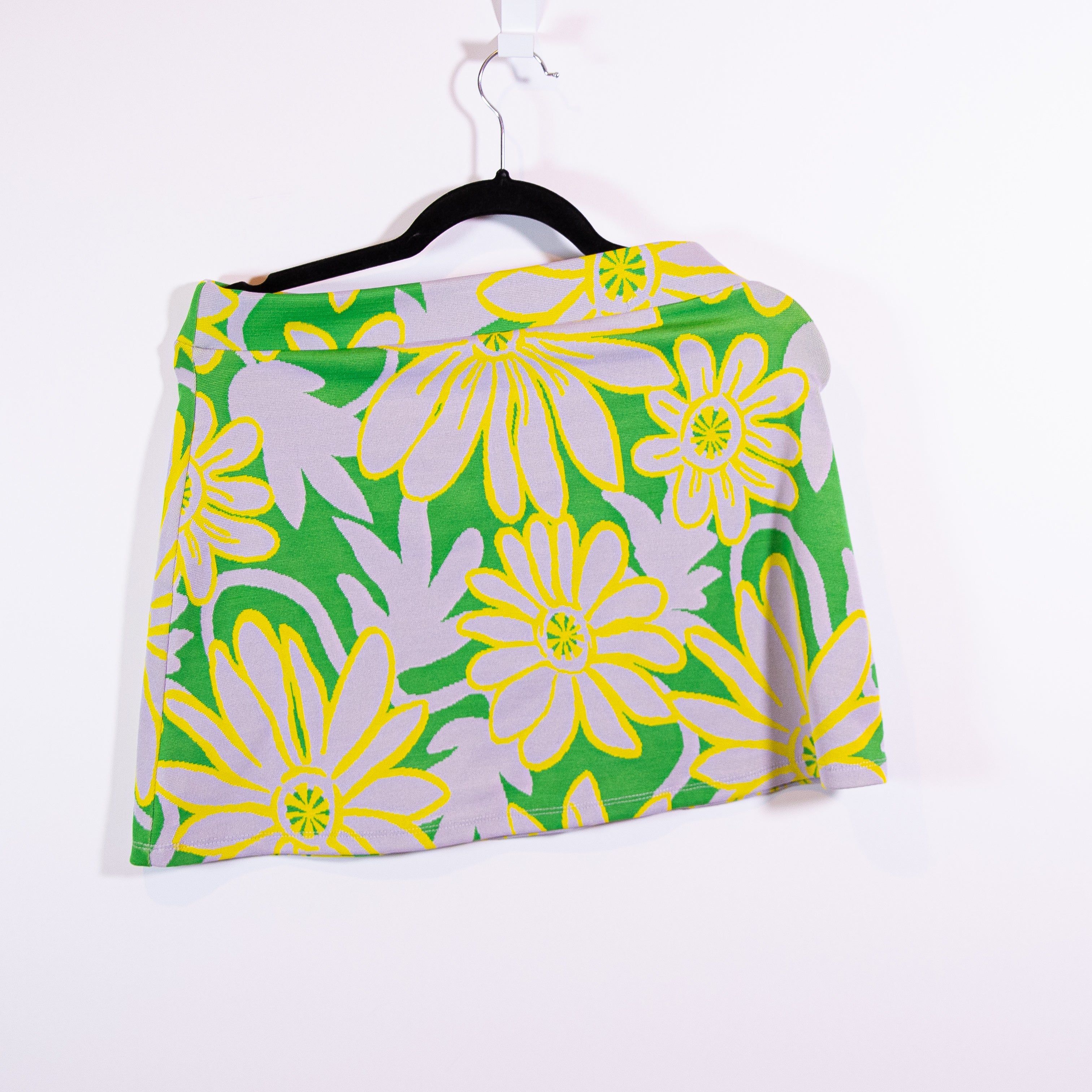 Zara Thick Knit Stretch Green Purple Yellow Floral Flower Print Pattern Skirt M