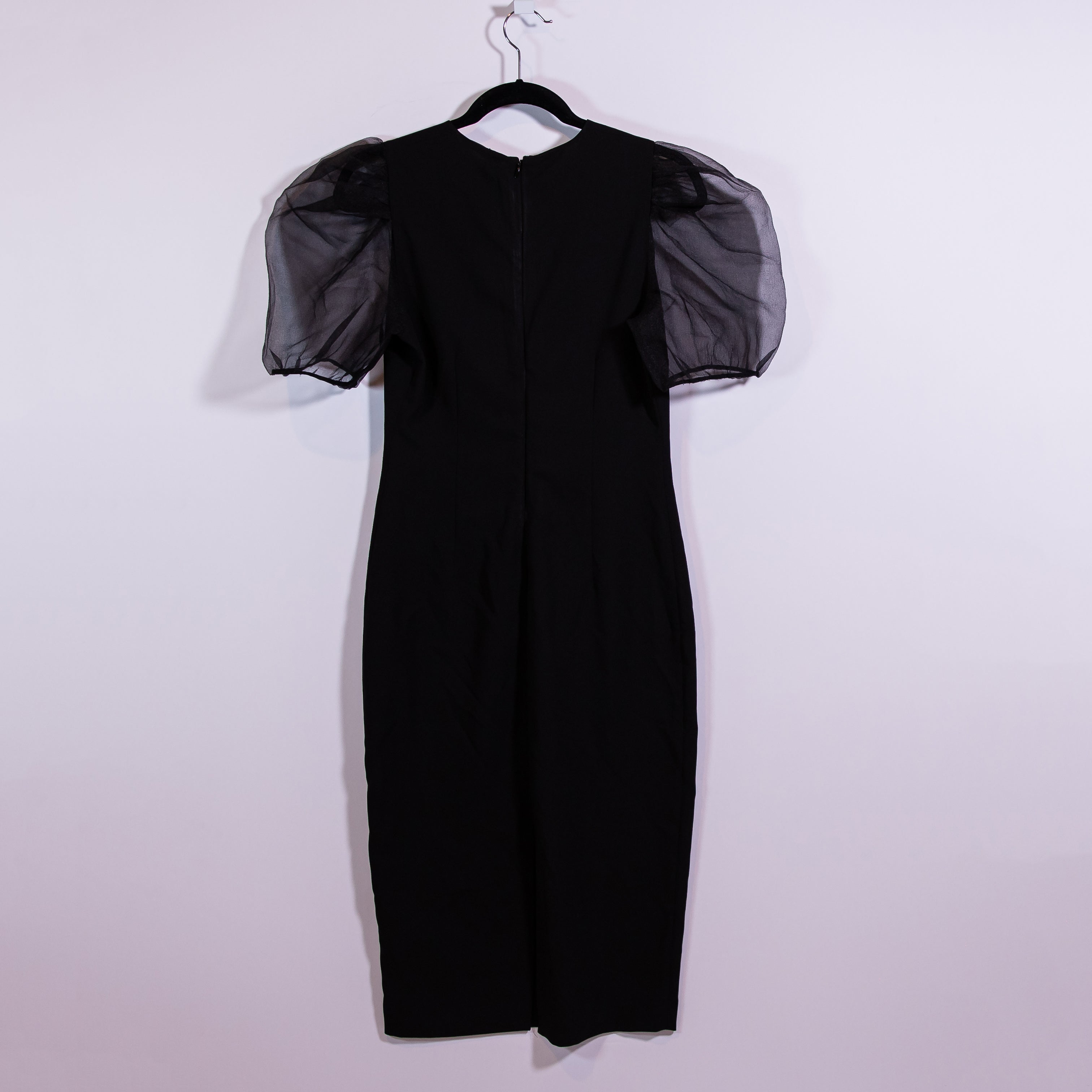 Zara Crepe Semi Sheer Chiffon Puff Short Sleeve Sheath Midi Dress Black Small