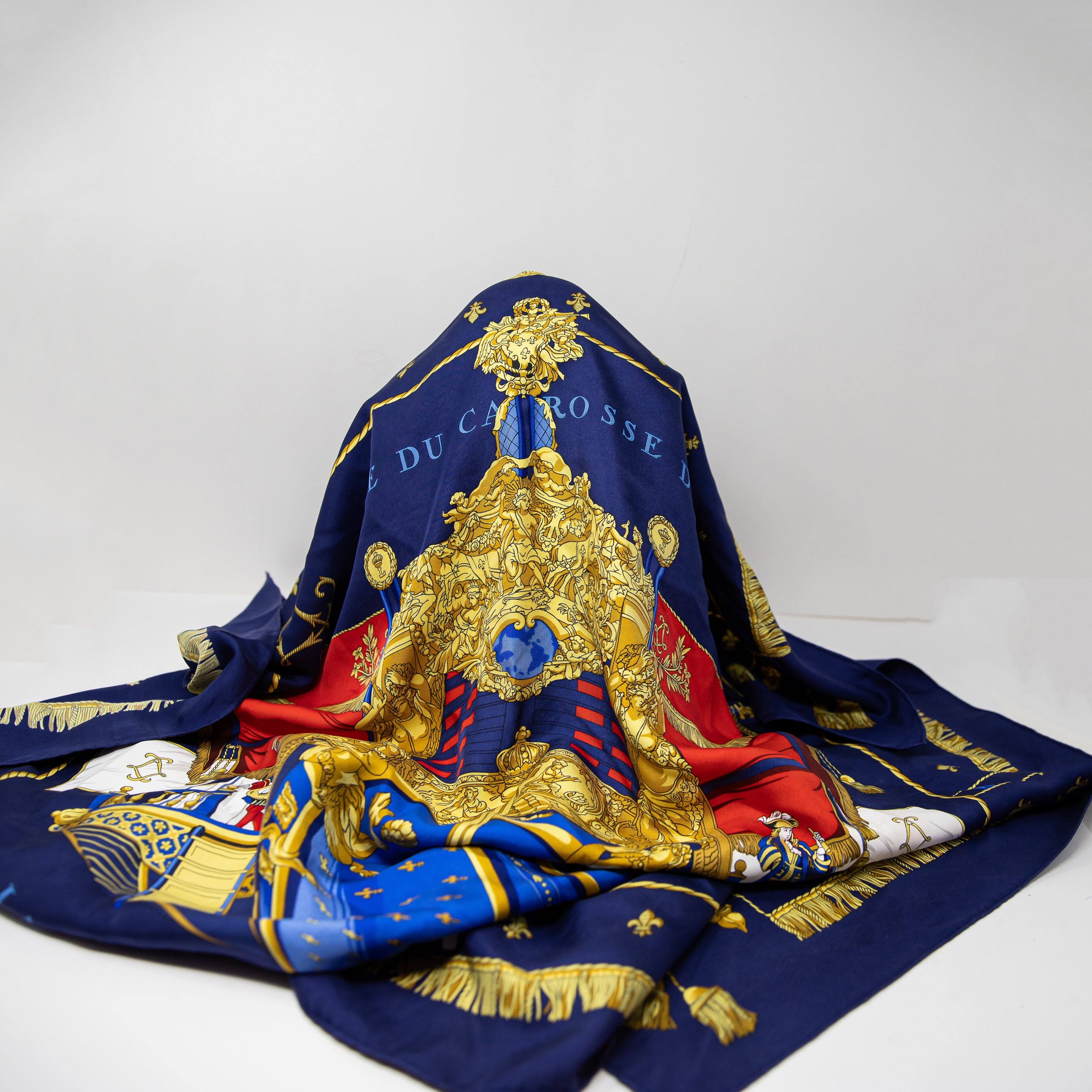 Hermes La Reale La Galere Silk Chiffon Print Pattern Square Scarf Shawl Blue Red