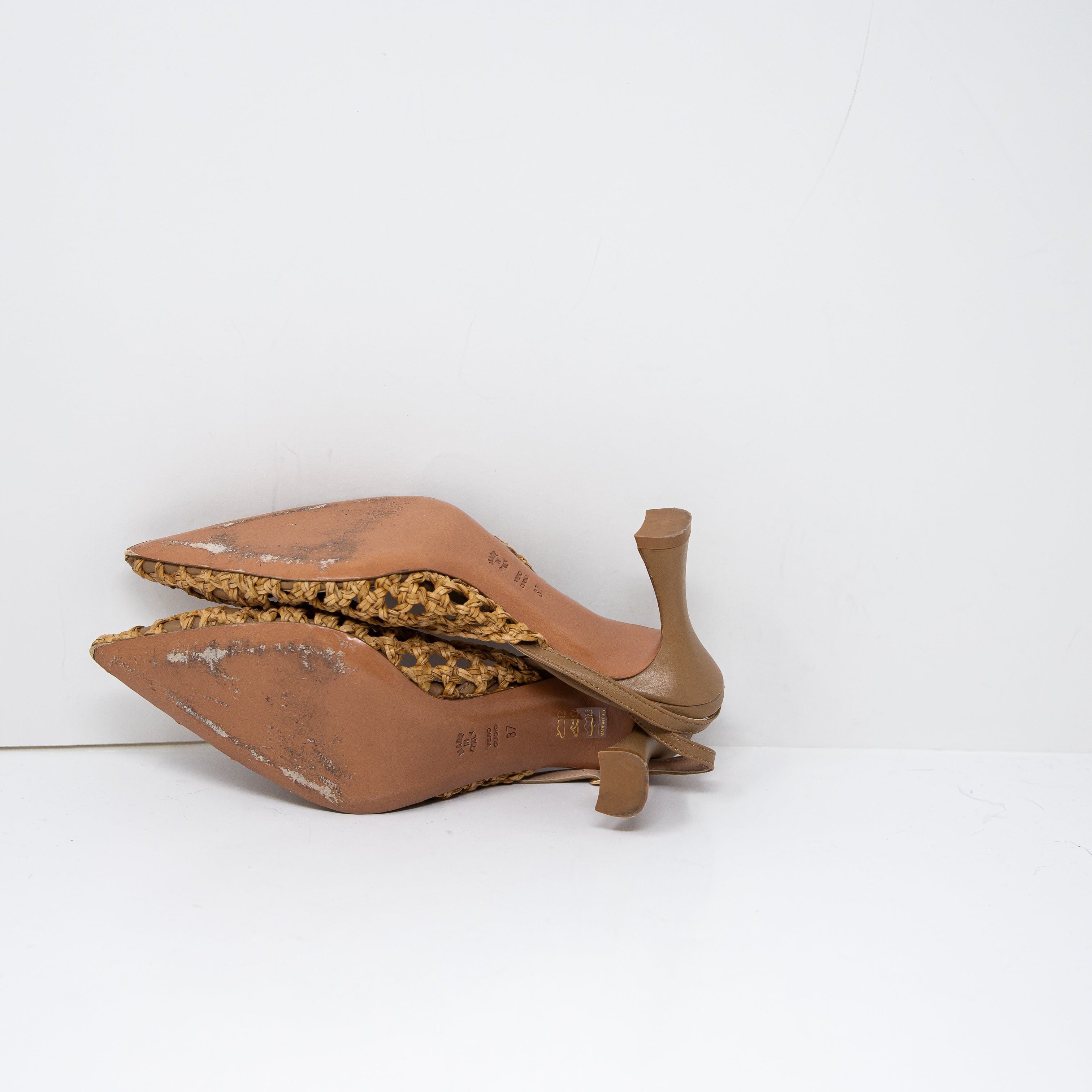 L'idea By Lori Eli Woven Crochet Genuine Leather Pointed Toe Slingback Heels 7