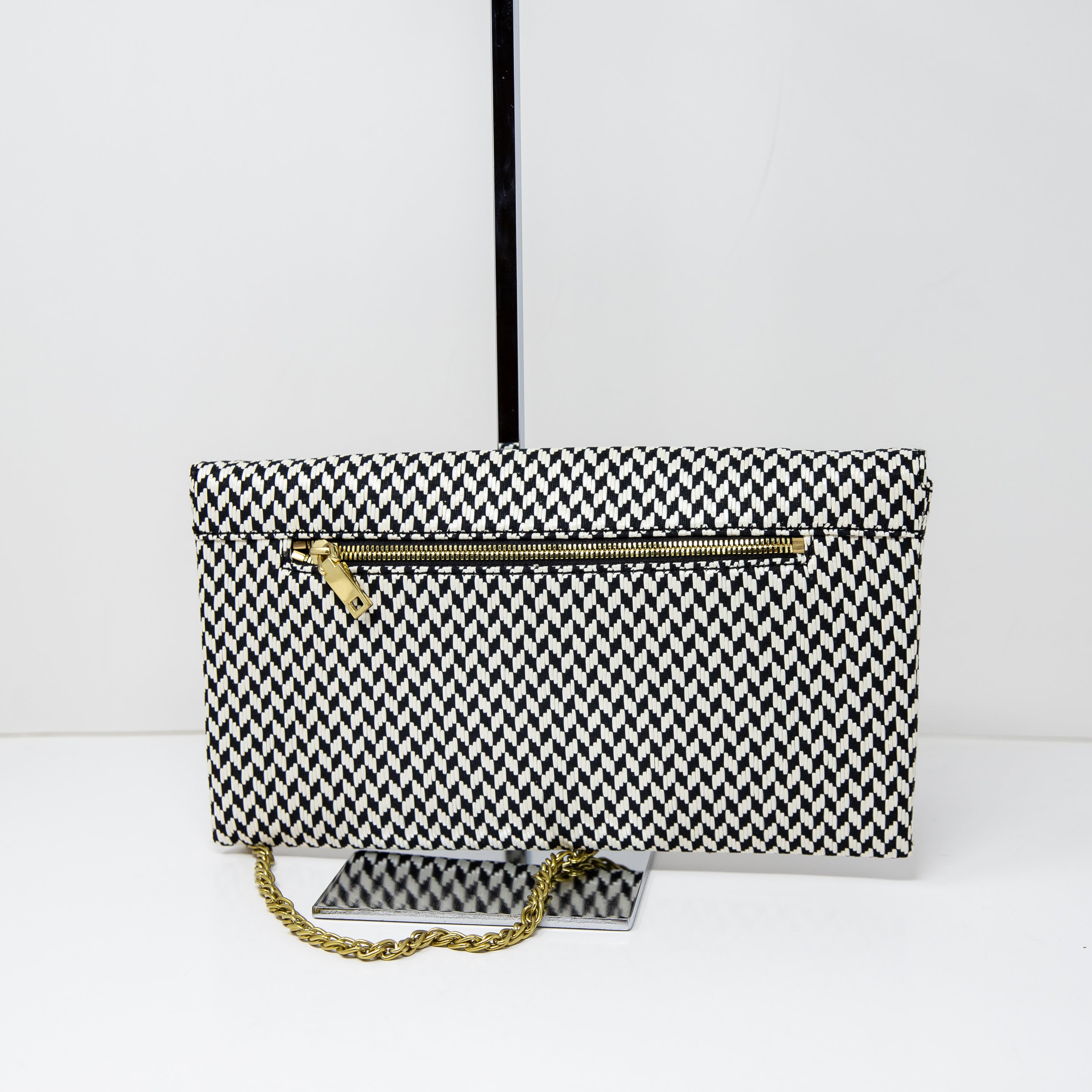 NEW J. Crew Handbags Black White Woven Raffia Envelope Clutch Purse Bag Black