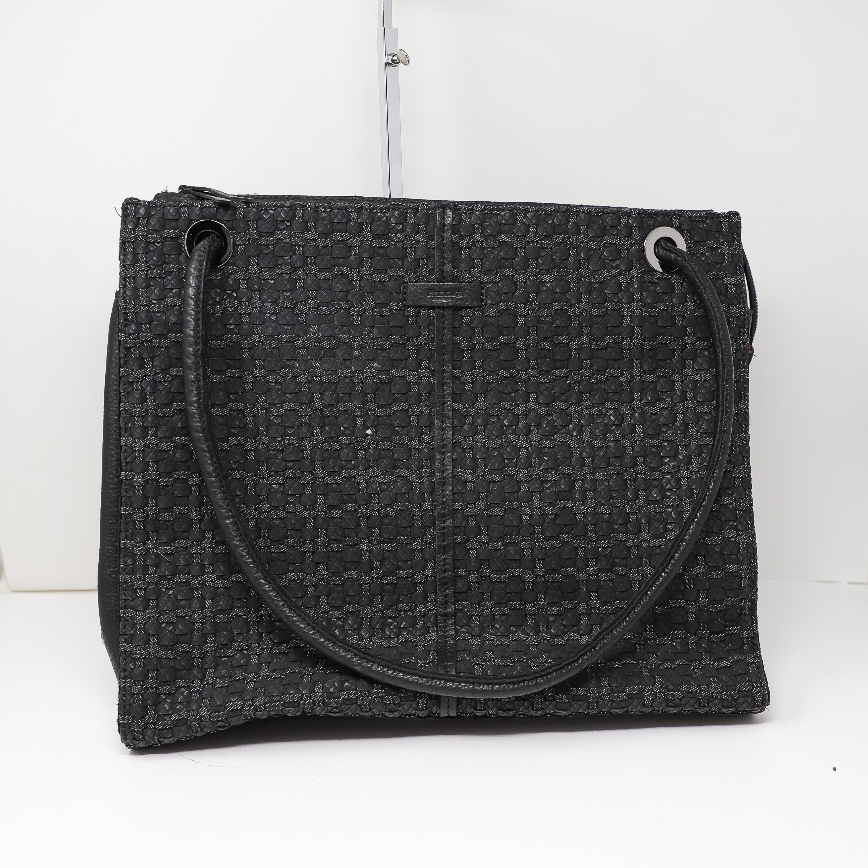 Hammitt Benjamin Leather Woven Large Shoulder Tote Bag Purse Top Zip Black