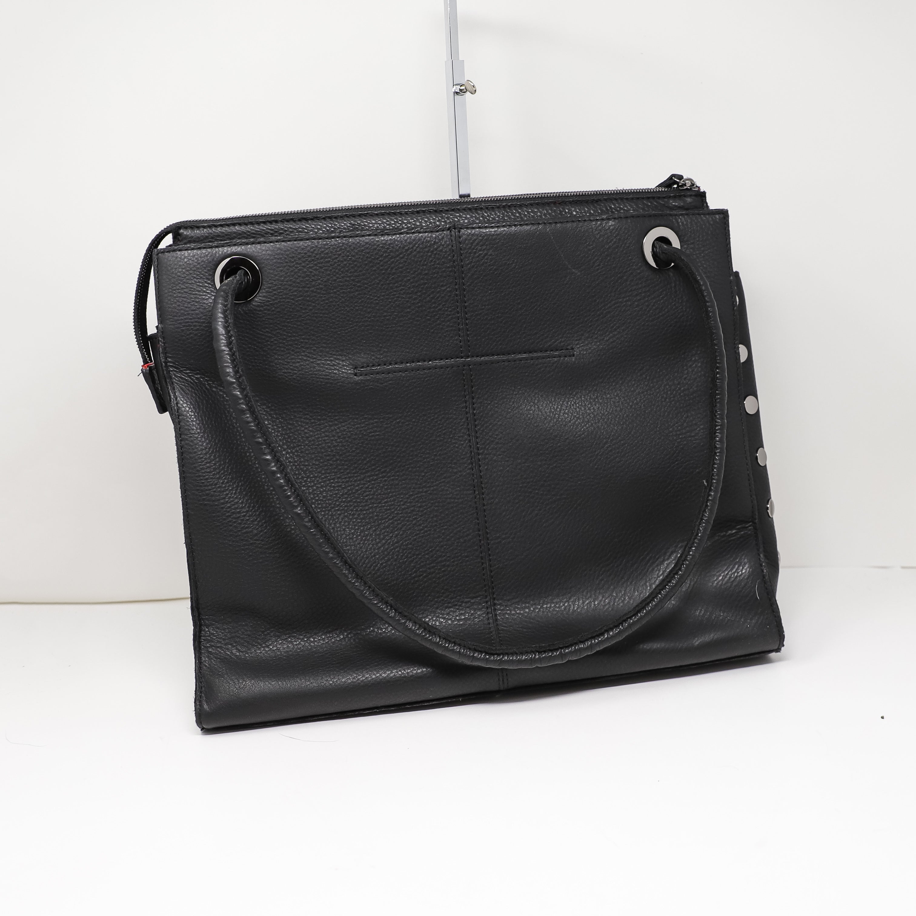 Hammitt Benjamin Leather Woven Large Shoulder Tote Bag Purse Top Zip Black