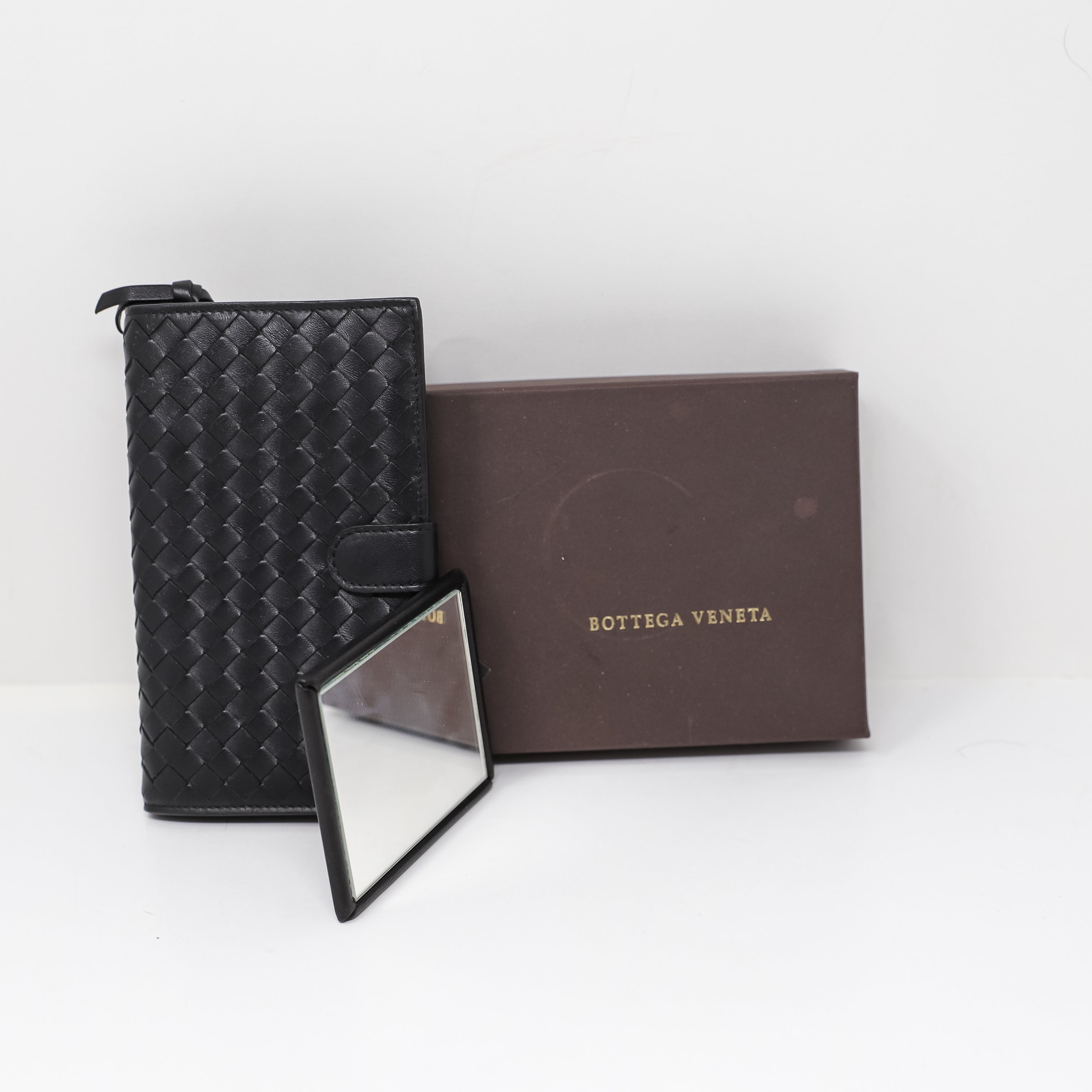 Bottega Veneta Italy Genuine Leather Woven Intrecciato Continental Wallet Black