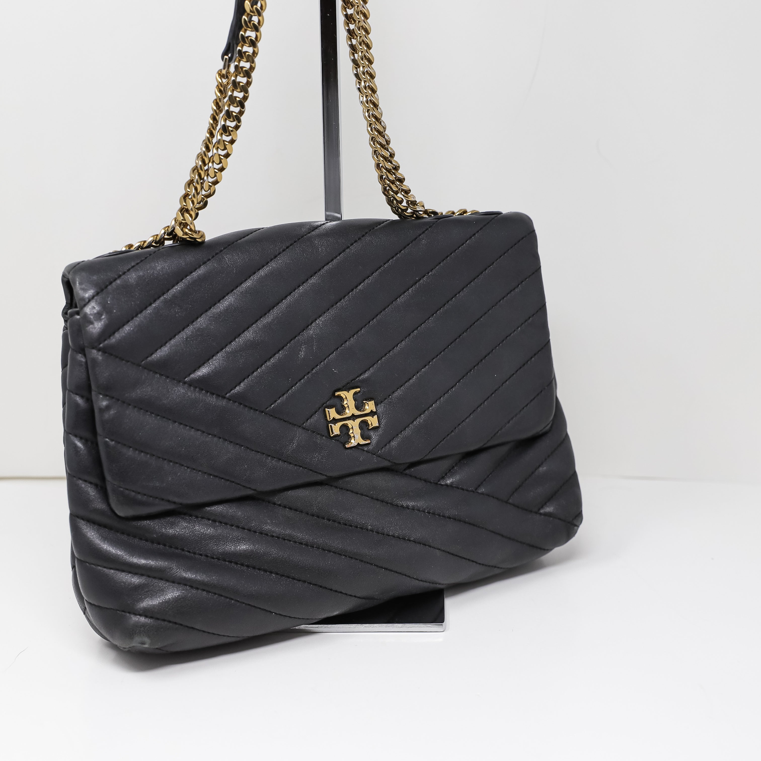 Tory Burch Kira Chevron Quilted Convertible Genuine Leather Shoulder Purse Bag