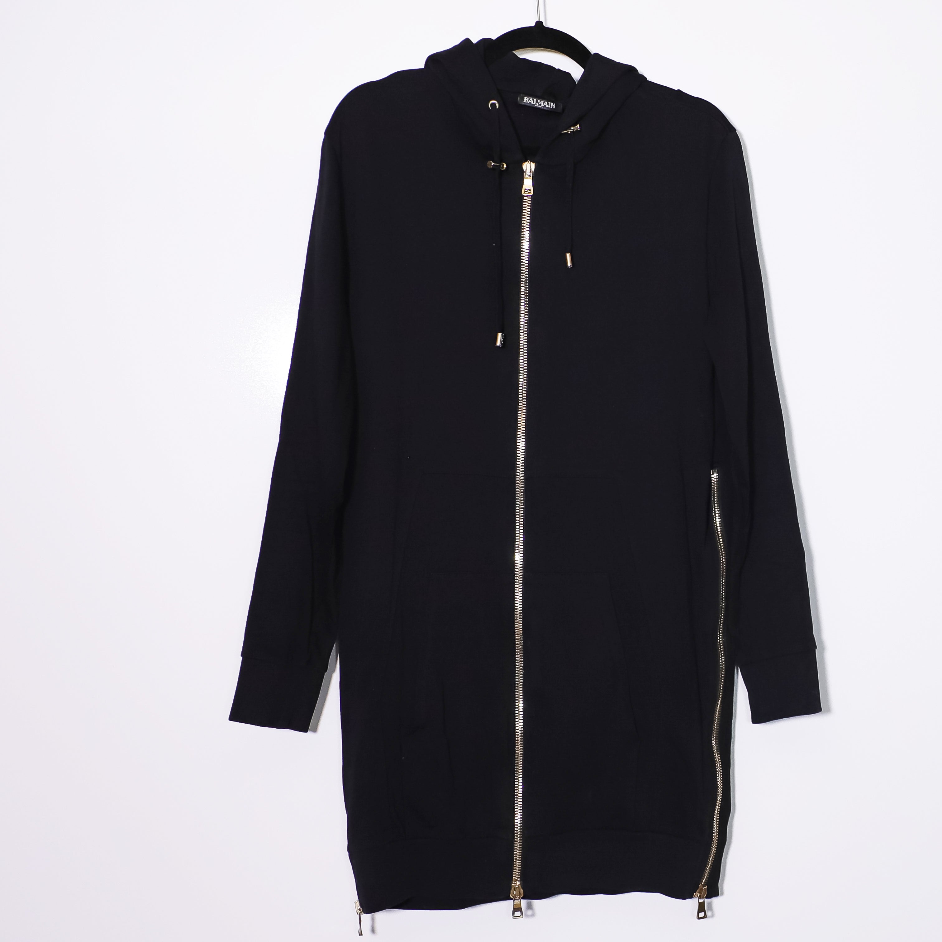 Balmain Men's Black Long Side Full Zip Cotton Hoodie Jacket Solid Black Large