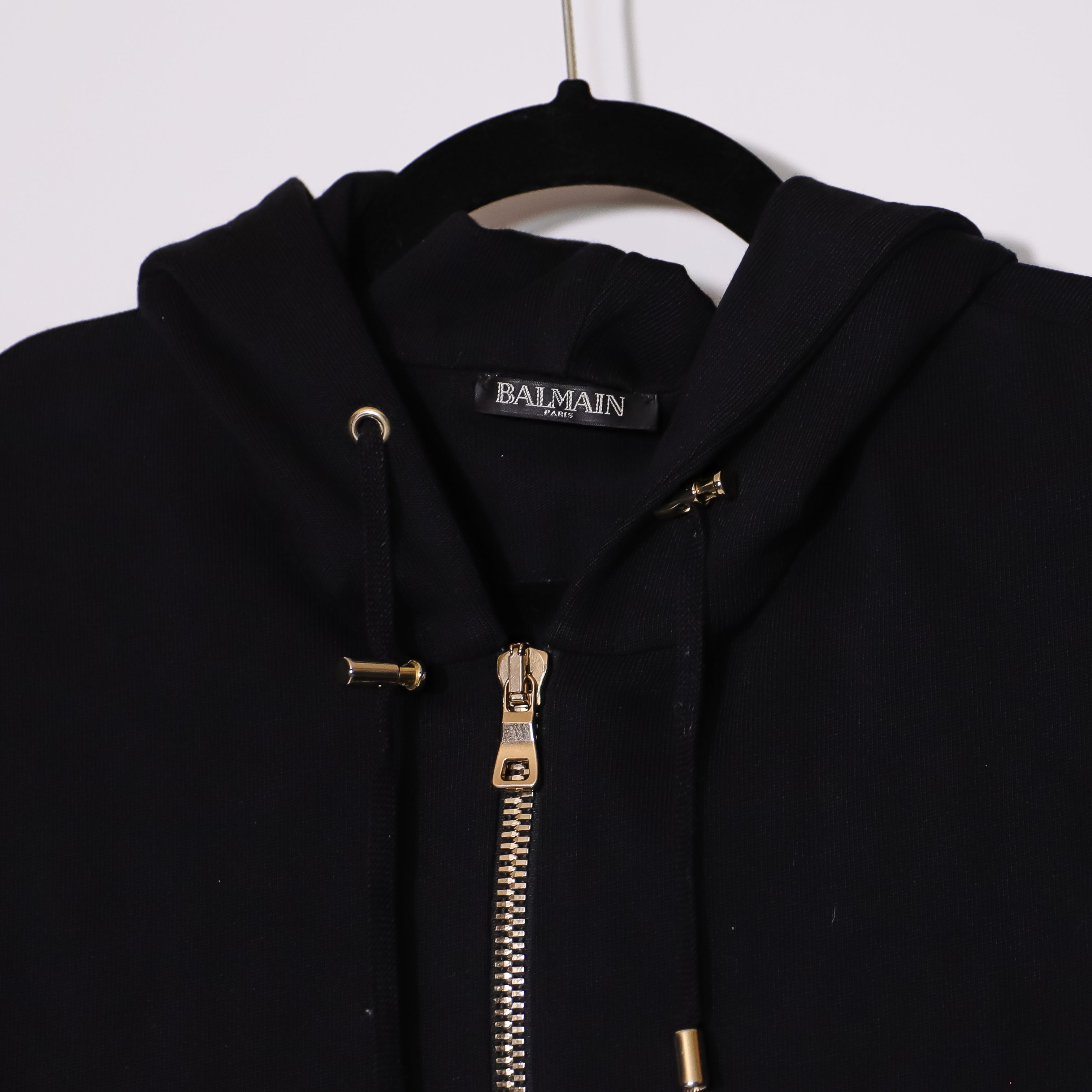 Balmain Men's Black Long Side Full Zip Cotton Hoodie Jacket Solid Black Large