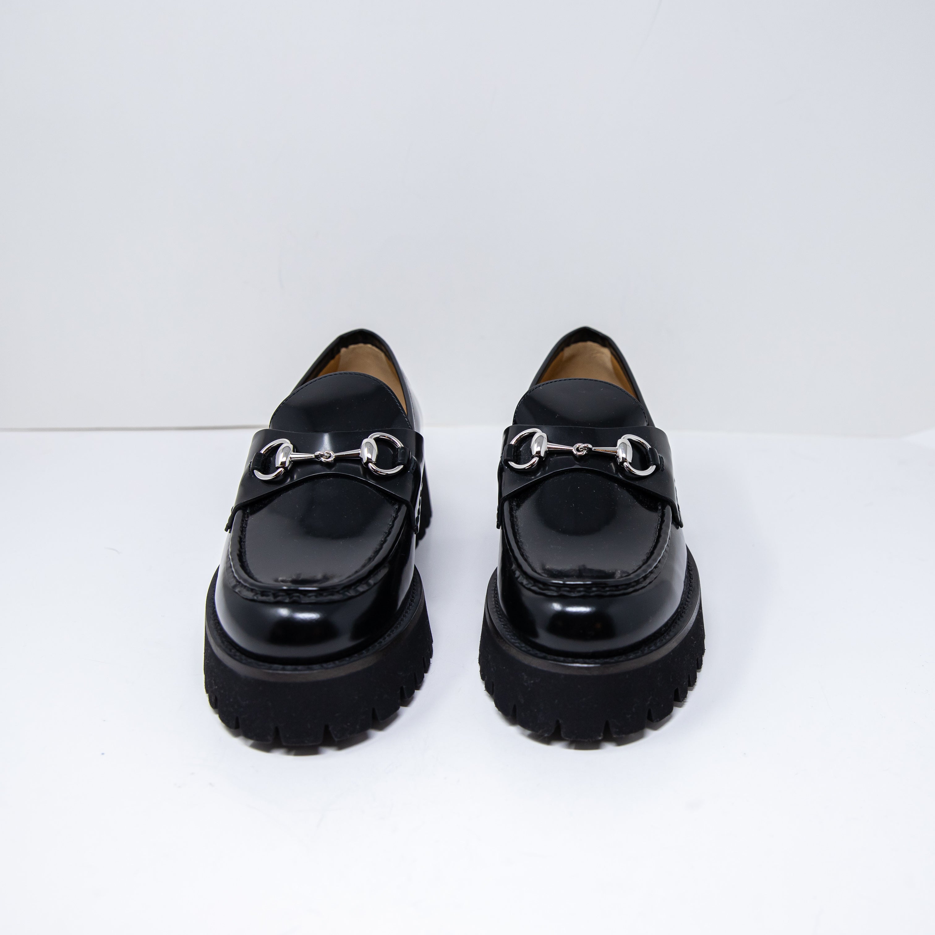 NEW Gucci Genuine Leather Rubber Lug Sole Interlocking Horsebit Loafers Shoes