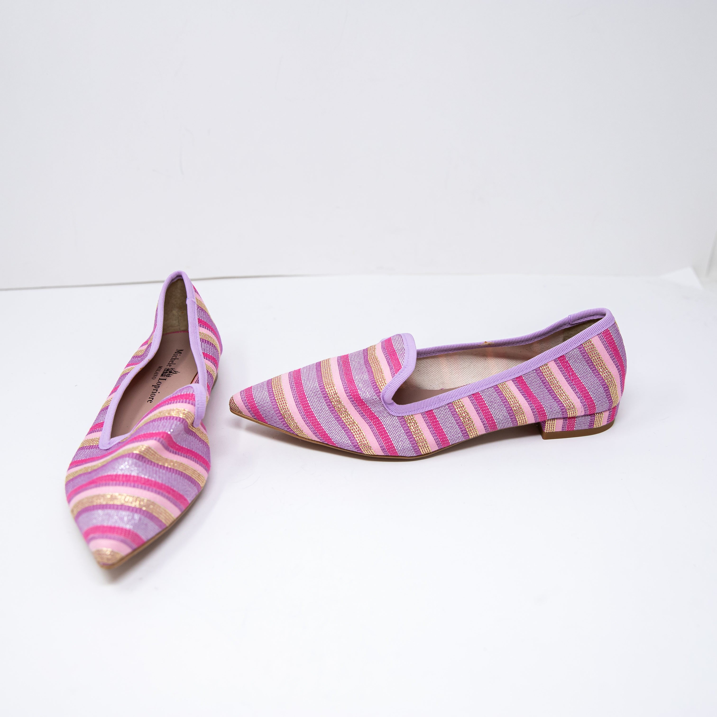NEW Michele Lopriore Elyse Pointy Loafer Multicolor Pink Stripes Flat Shoes 7