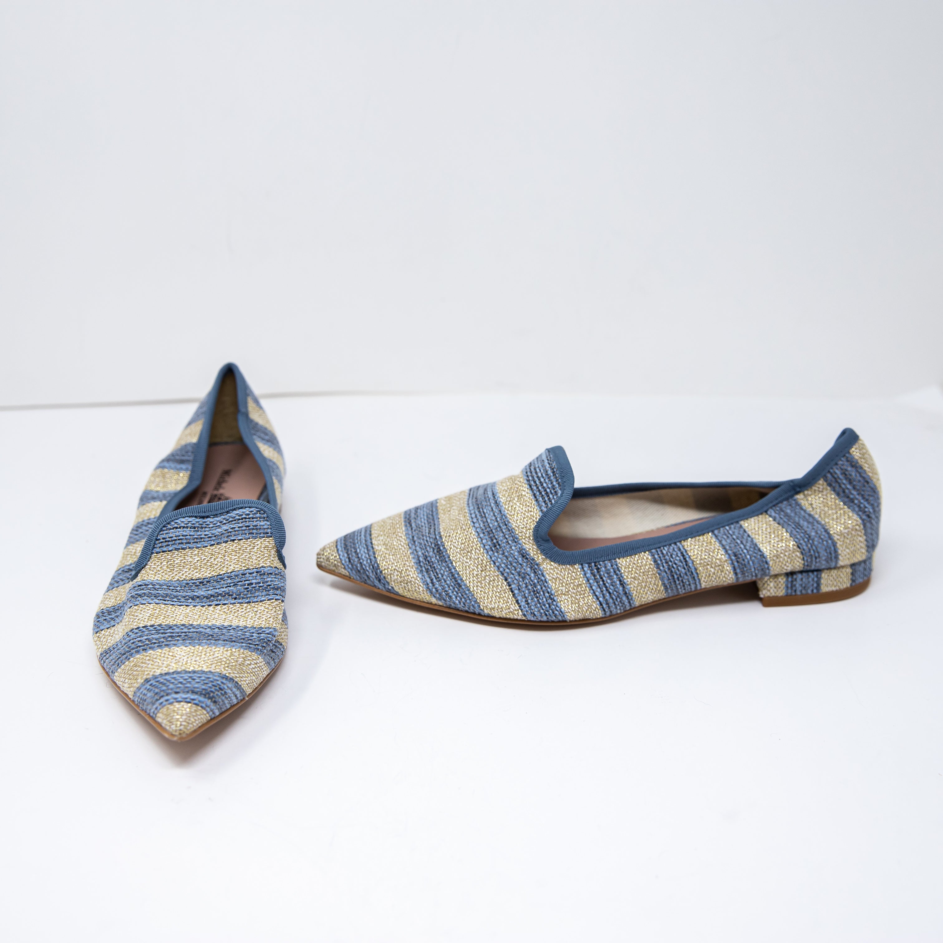 NEW Michele Lopriore Elyse Pointy Loafer Multicolor Blue Gold Stripe Flat Shoes