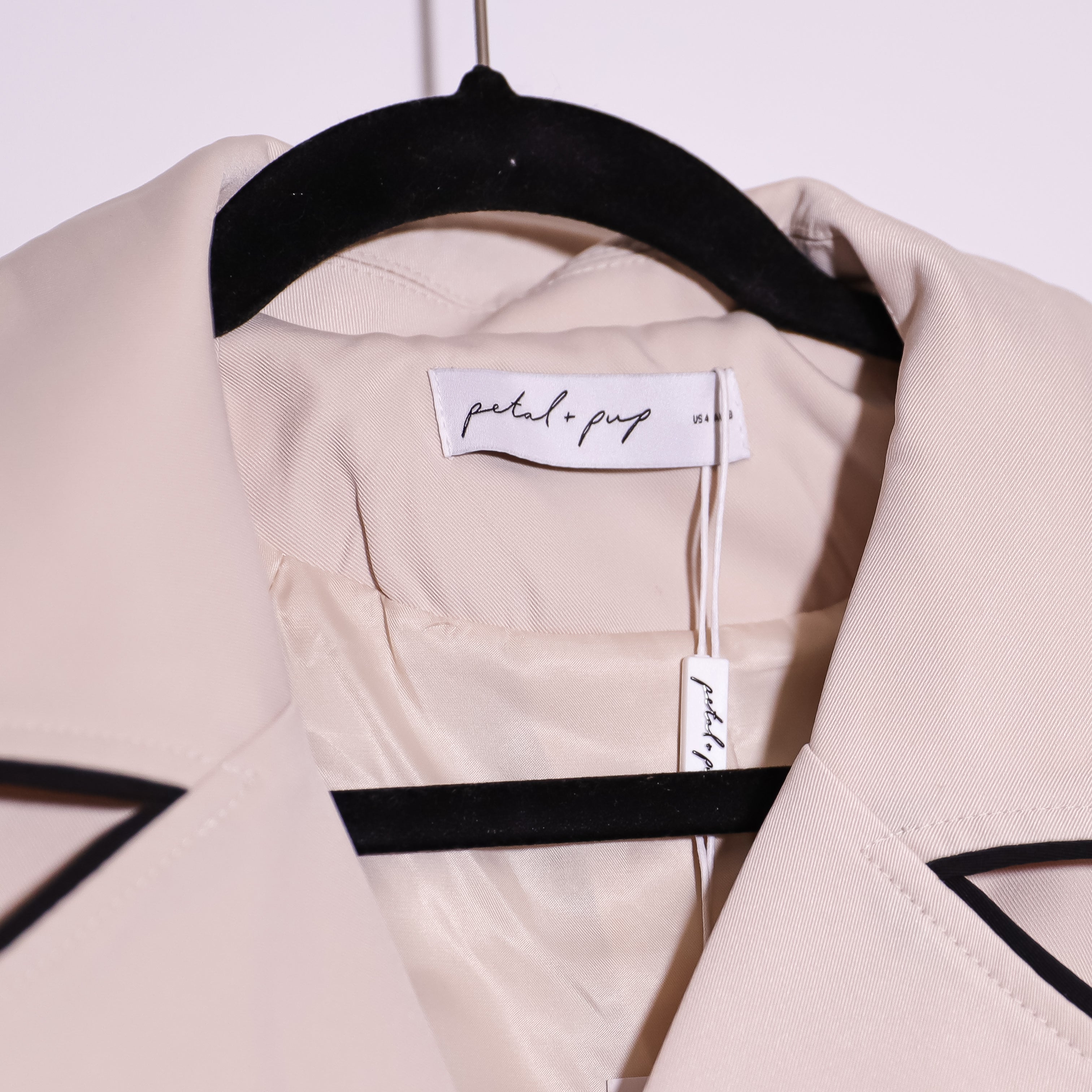 NEW Petal + Pup Cayenne Contrast Binding Belted Trench Coat Jacket Beige Black 4