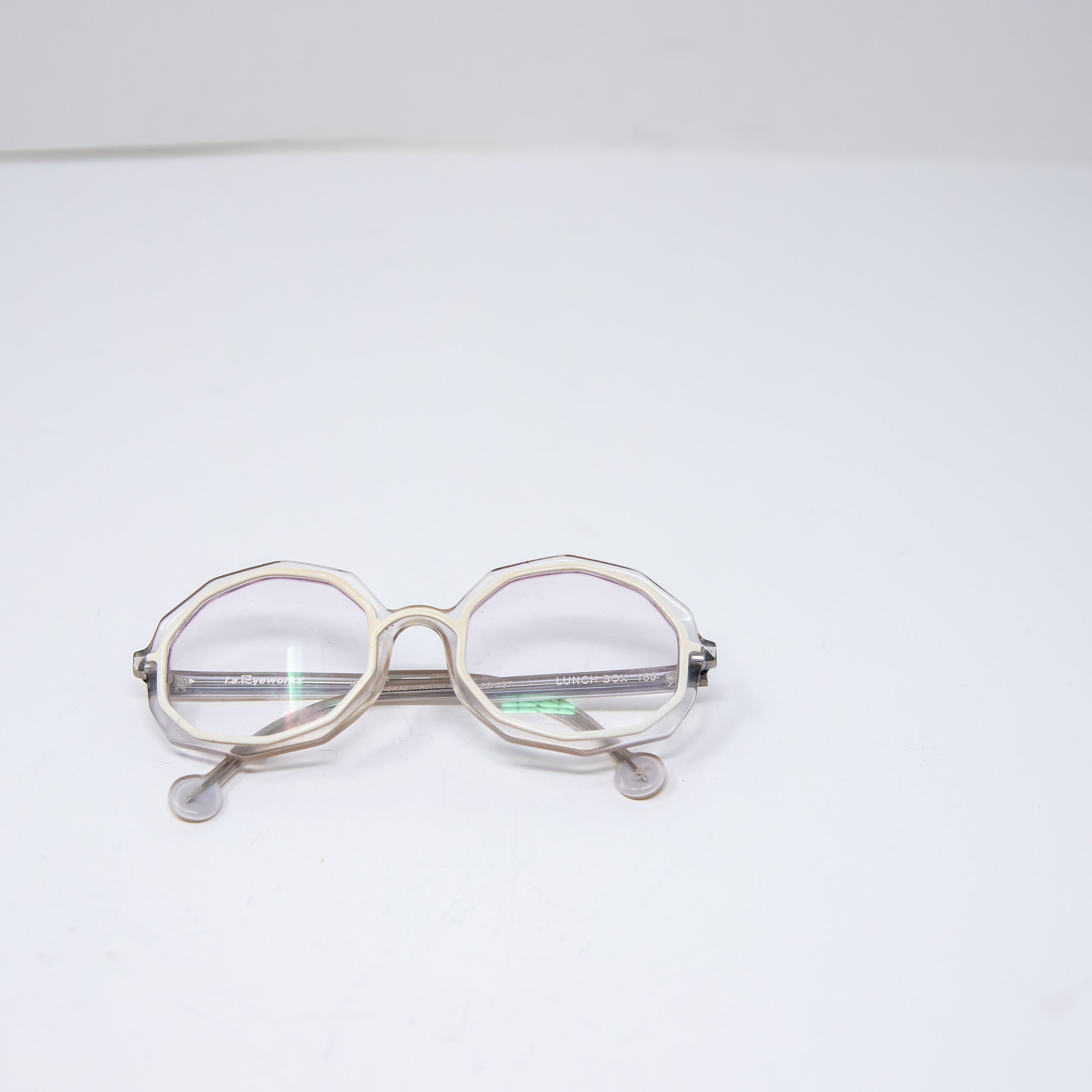 L.A. Eyeworks Lunch Box Octagon Sculptural Round Clear Rims Reading Glasses