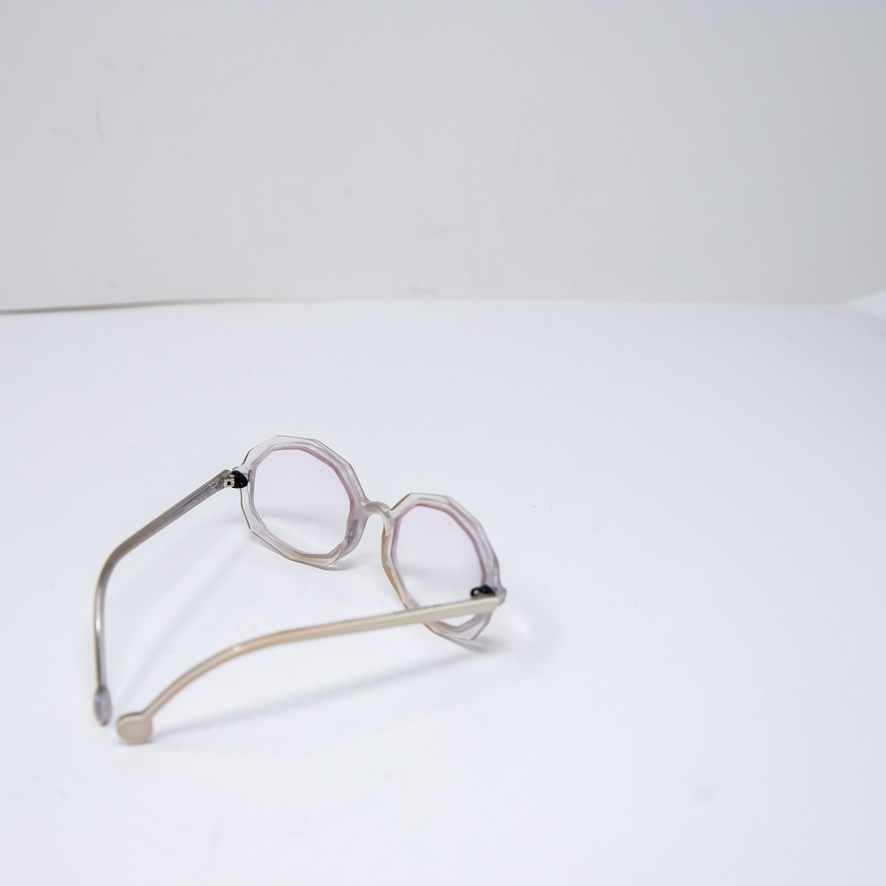 L.A. Eyeworks Lunch Box Octagon Sculptural Round Clear Rims Reading Glasses