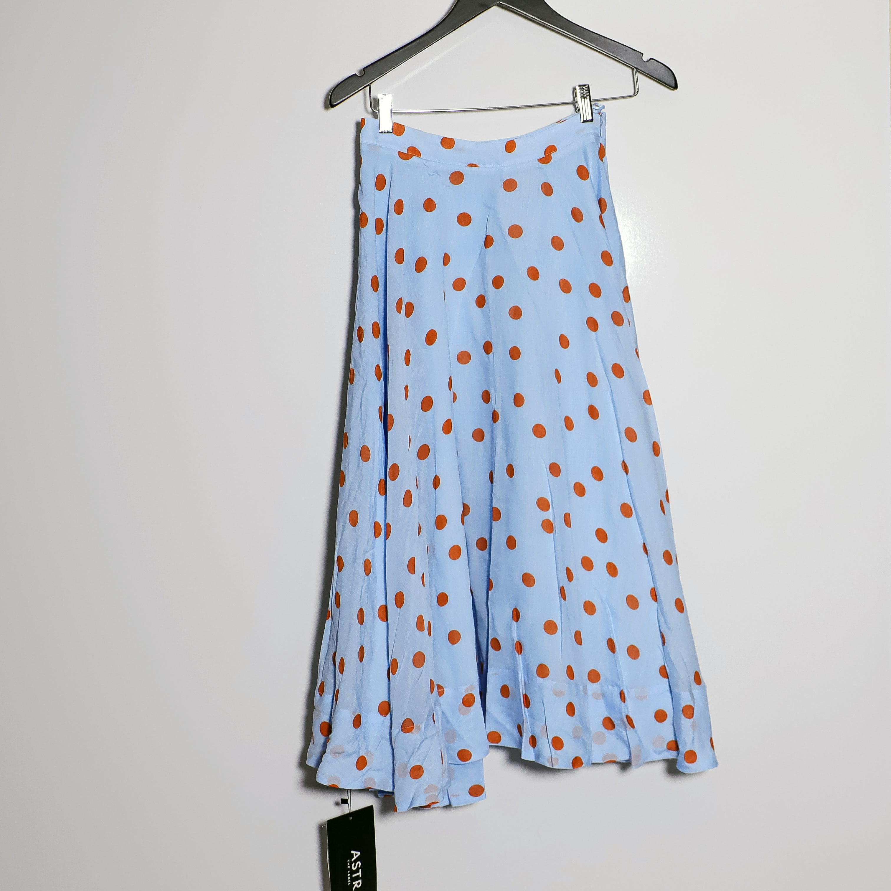 NEW ASTR The Label Janie Polka Dot Pleated Midi Skirt Blue Rust Print Small
