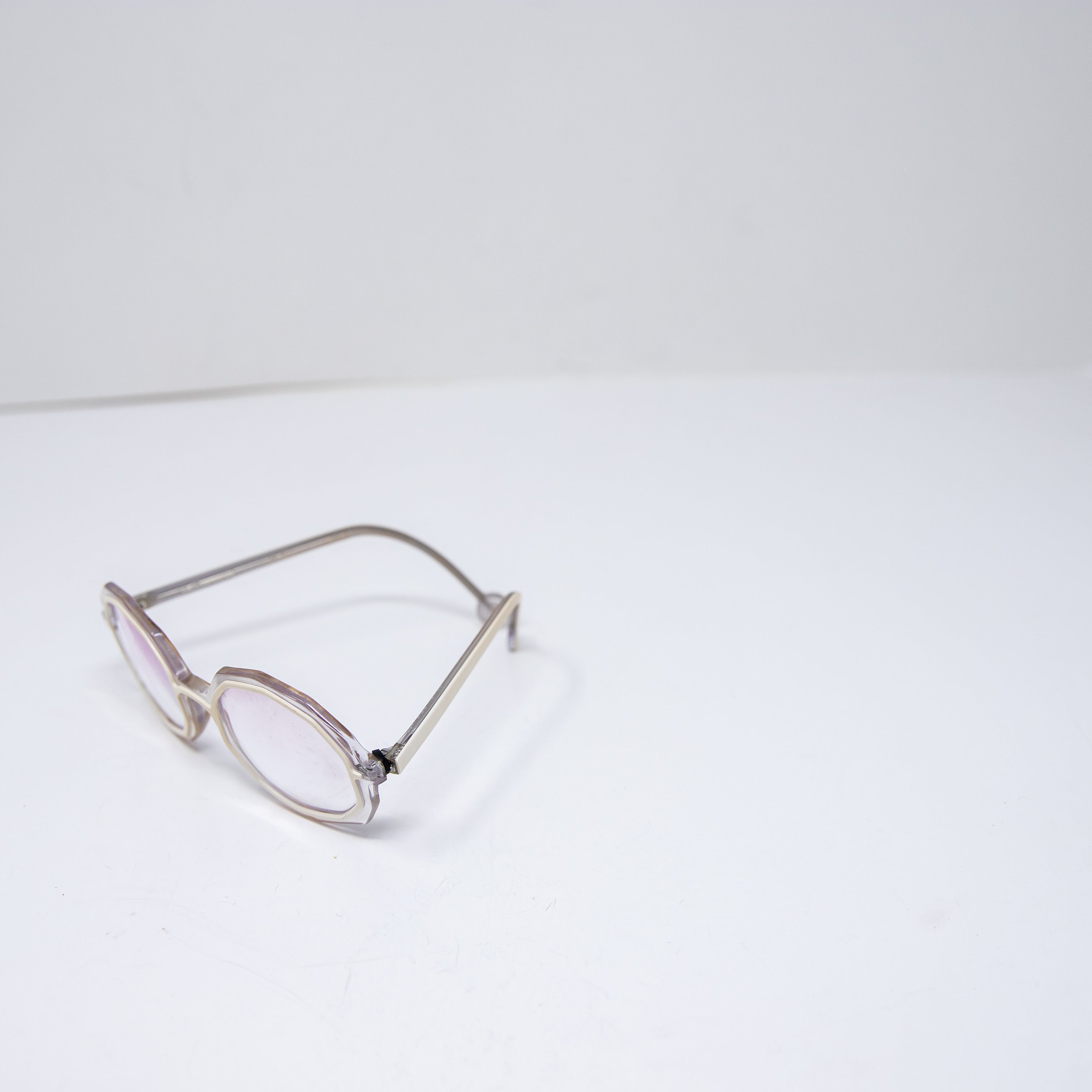 L.A. Eyeworks Lunch Box Octagon Sculptural Round Clear Rims Reading Glasses