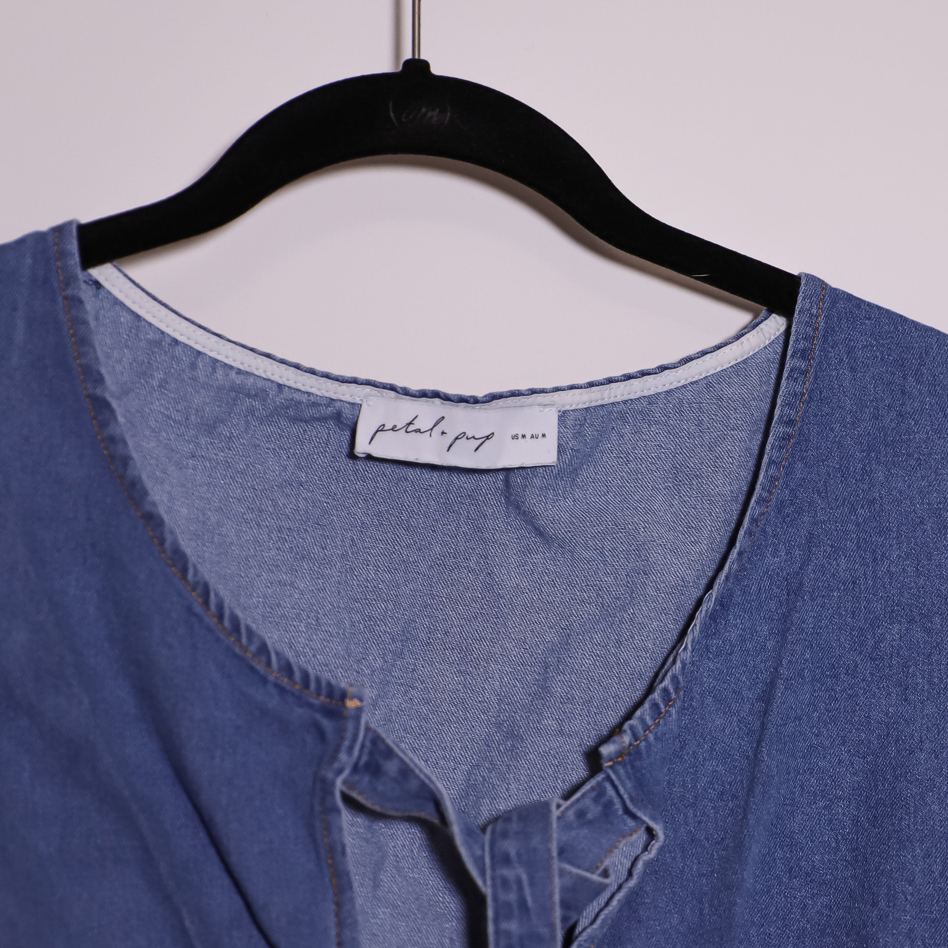Petal And Pup Graciana Denim Jean Sleeveless Tie Front Ruffle Blouse Shirt Top M
